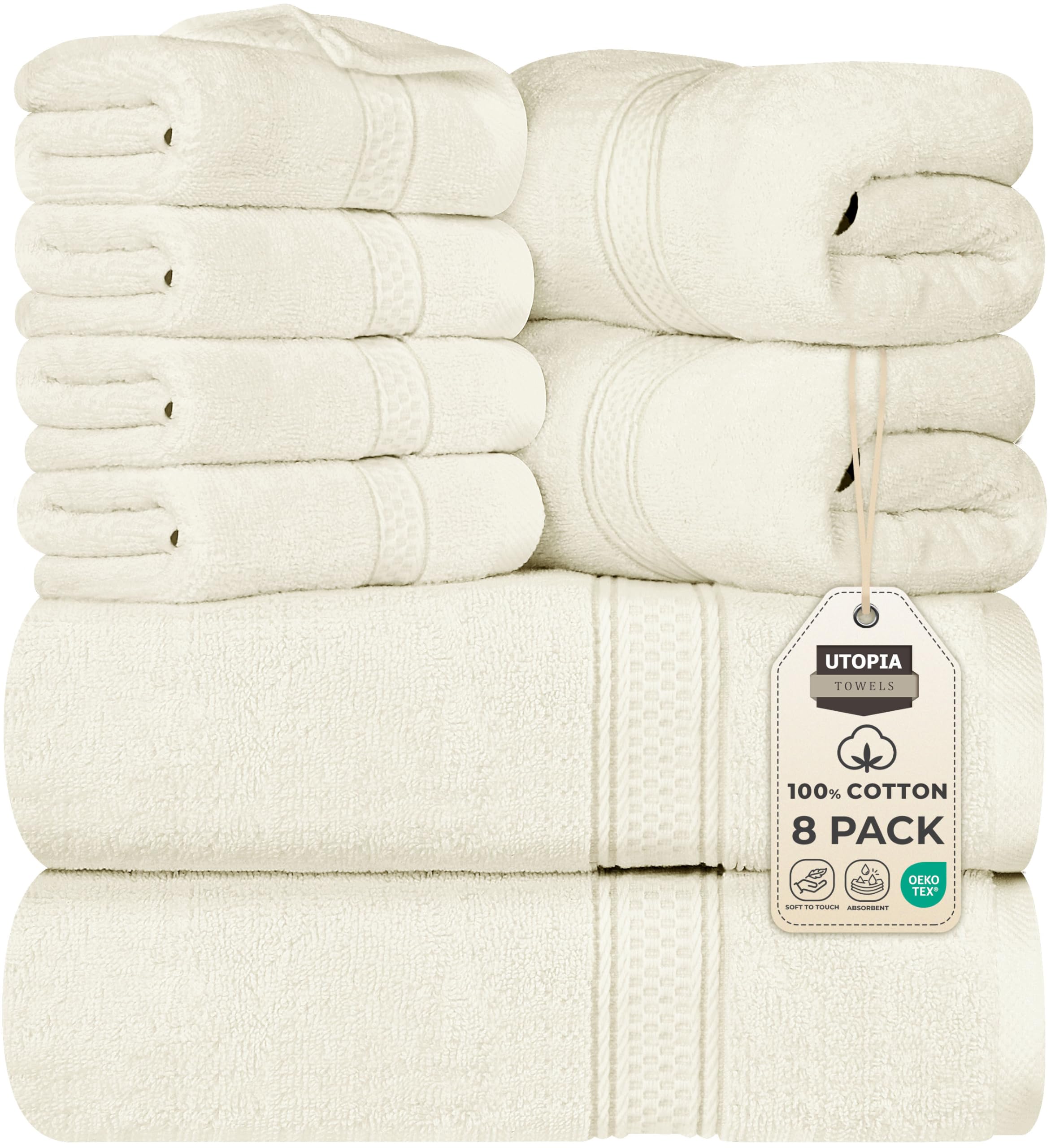 Utopia Towels 8 Piece Premium Towel Set, 2 Bath, 2 Hand, and 4 Wash Cloths, 600 GSM 100% Ring Spun Cotton, Highly Absorbent Towels for Bathroom, Gym, Hotel, and Spa, Ivory