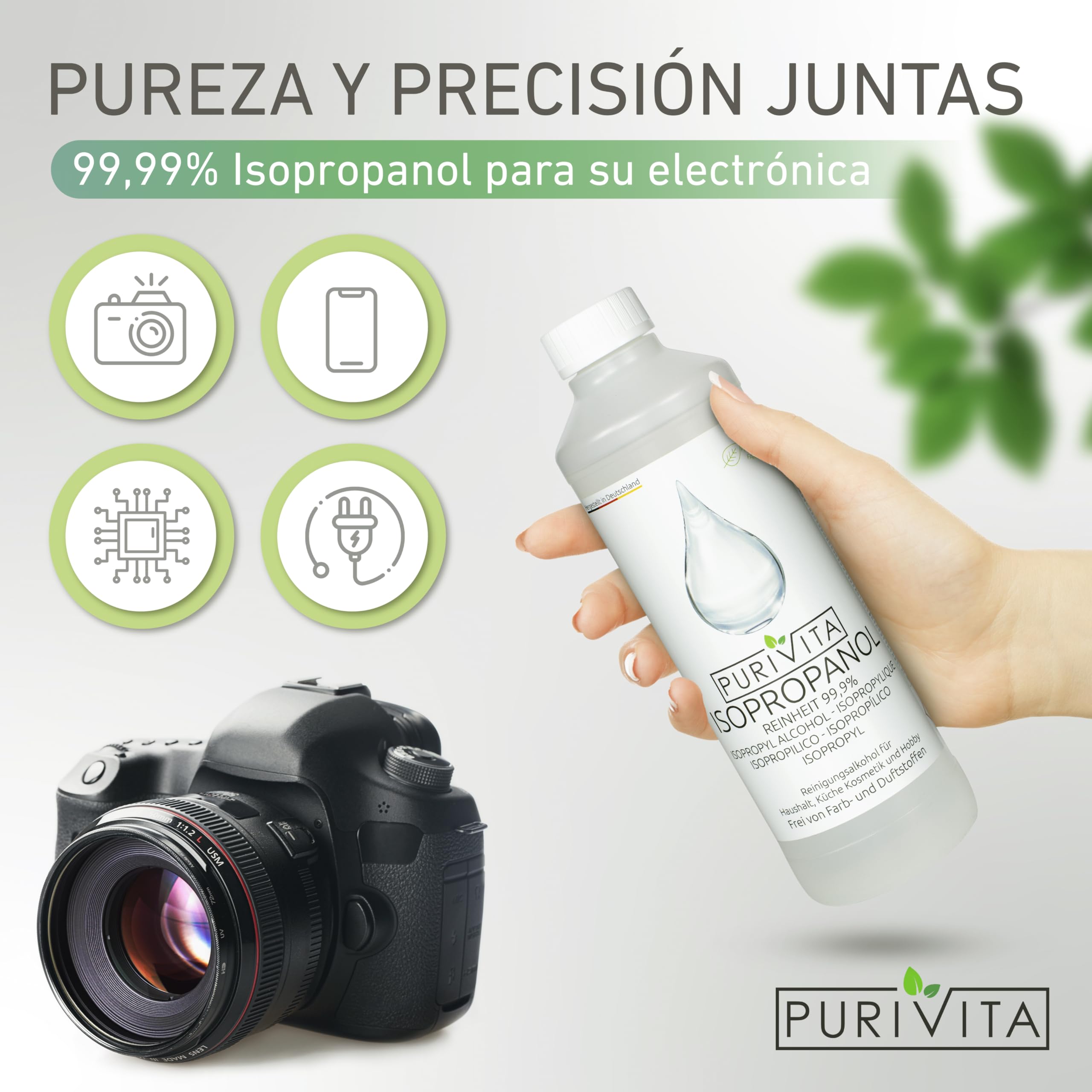 PURIVITA Alcohol Isopropilico 99,9% 500ML - Isopropyl Alcohol Limpiador Desengrasante
