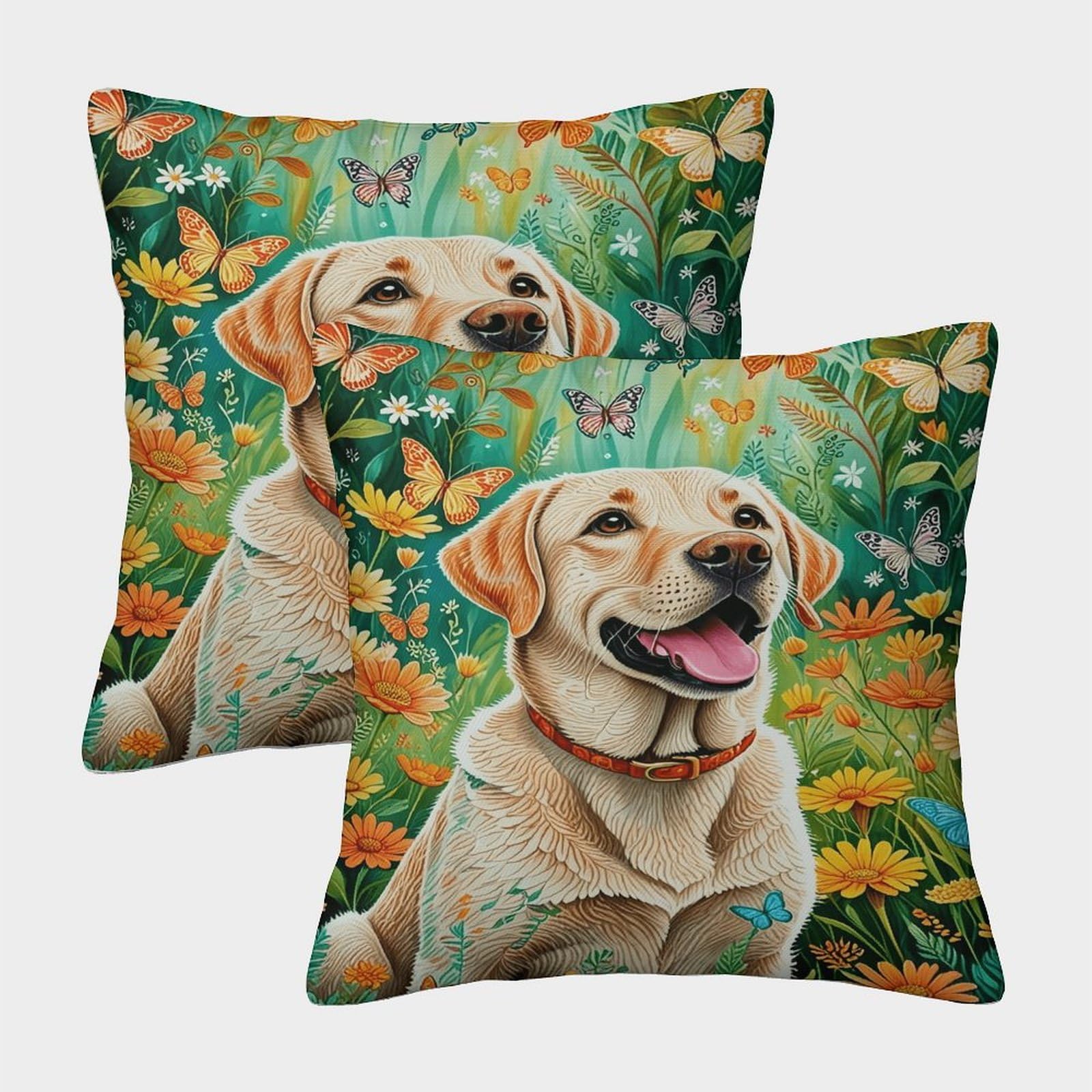 Emyxpaqm Style-12 Labrador Retriever Cushion Cases Labrador Retriever Flower Butterfly Throw Pillow Cover Polyester Set Of 2 Decorative Square For Livingroom, Couch, Sofa 40X40cm