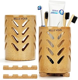 Belle Vous 2 Pack of Bamboo Toothbrush Holders with Drainage