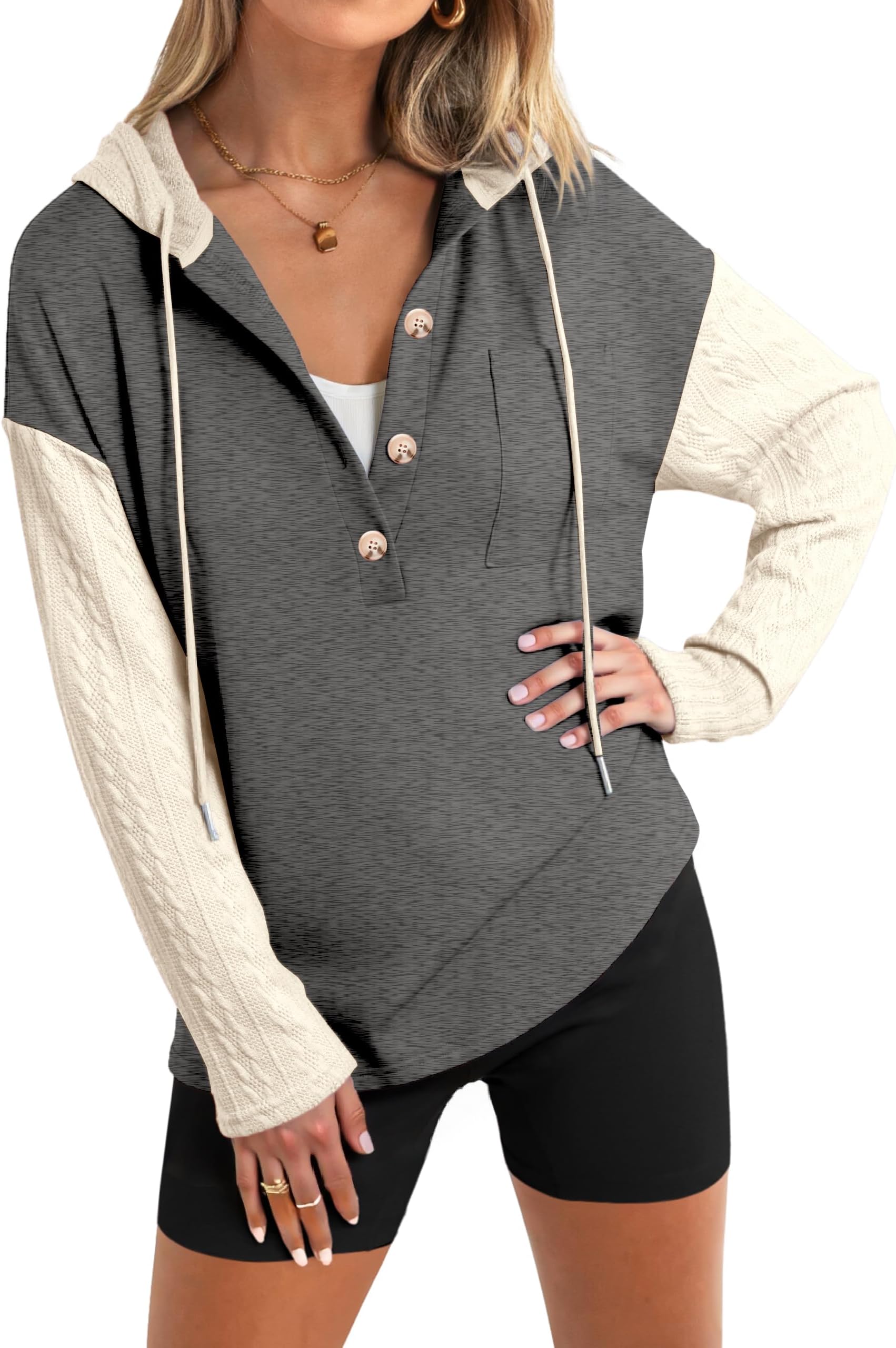 Women's Button Down Cable Knit Hoodies Long Sleeve Patch Work Spliced Pullover Hooded Sweatshirts