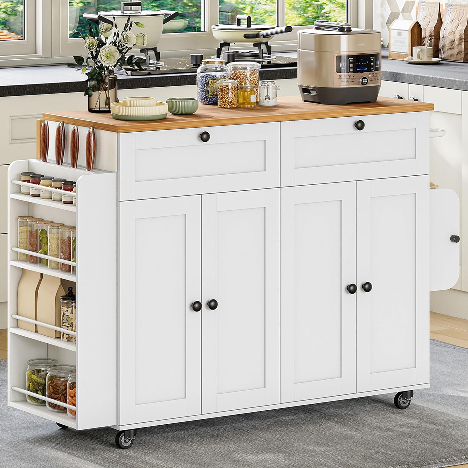 Kitchen Island, 53.1" Rolling Kitchen Island Cart on Wheels with Power Outlet & Drop Leaf, Portable Mobile Island Table with Spice Rack, Towel Rack, Knife Holder, Drawers, White KT00103W