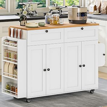 Hzuaneri Kitchen Island, 53.1" Rolling Kitchen Island Cart on Wheels with Power Outlet & Drop Leaf, Portable Mobile Island Table with Spice Rack, Towel Rack, Knife Holder, Drawers, White KT00103W