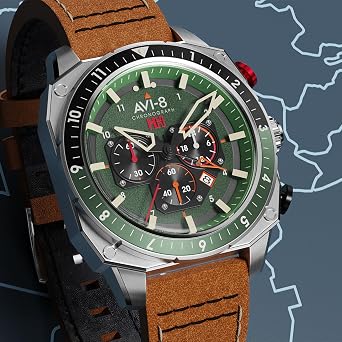 AVI-8 Men's 44mm Hawker Hunter Atlas Dual Time Chronograph Watch with Leather Strap AV-4100