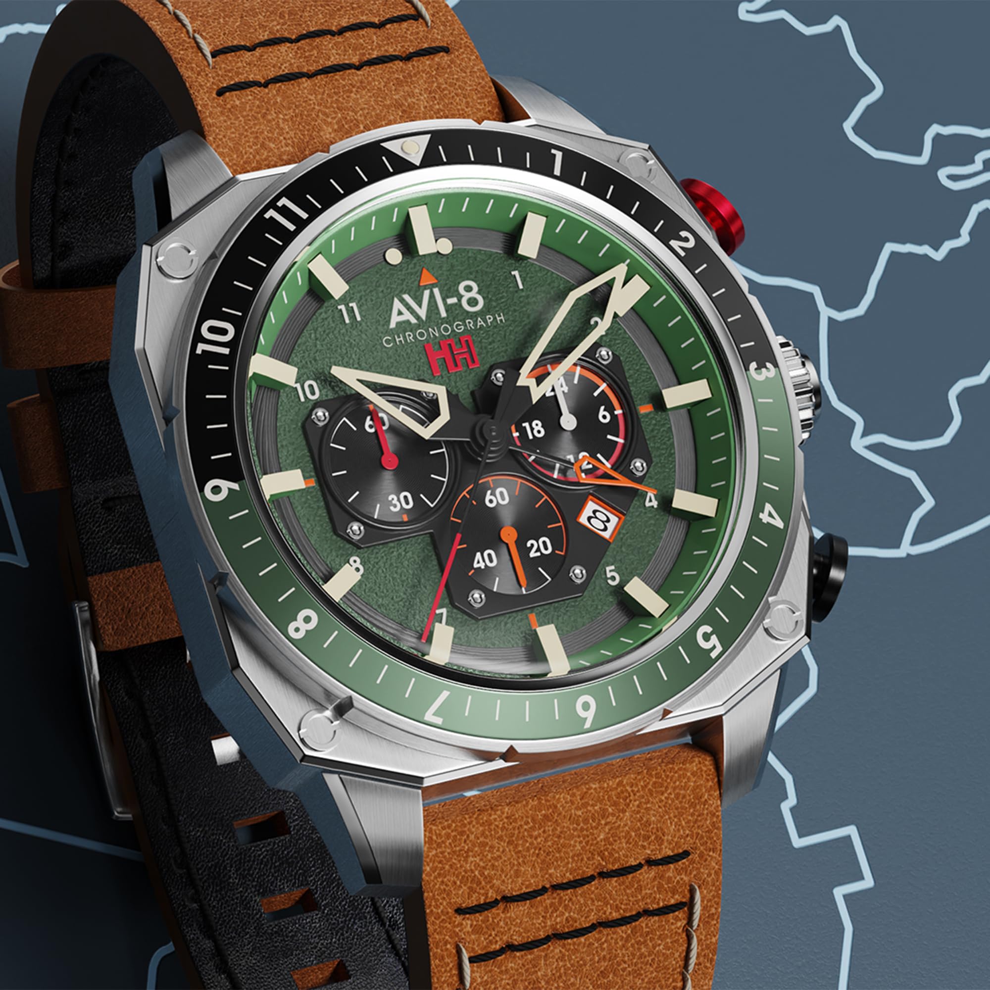 AVI-8 Hawker Hunter Men's Japanese Quartz 43mm Green Dial Watch with Leather Strap AV-4100-01