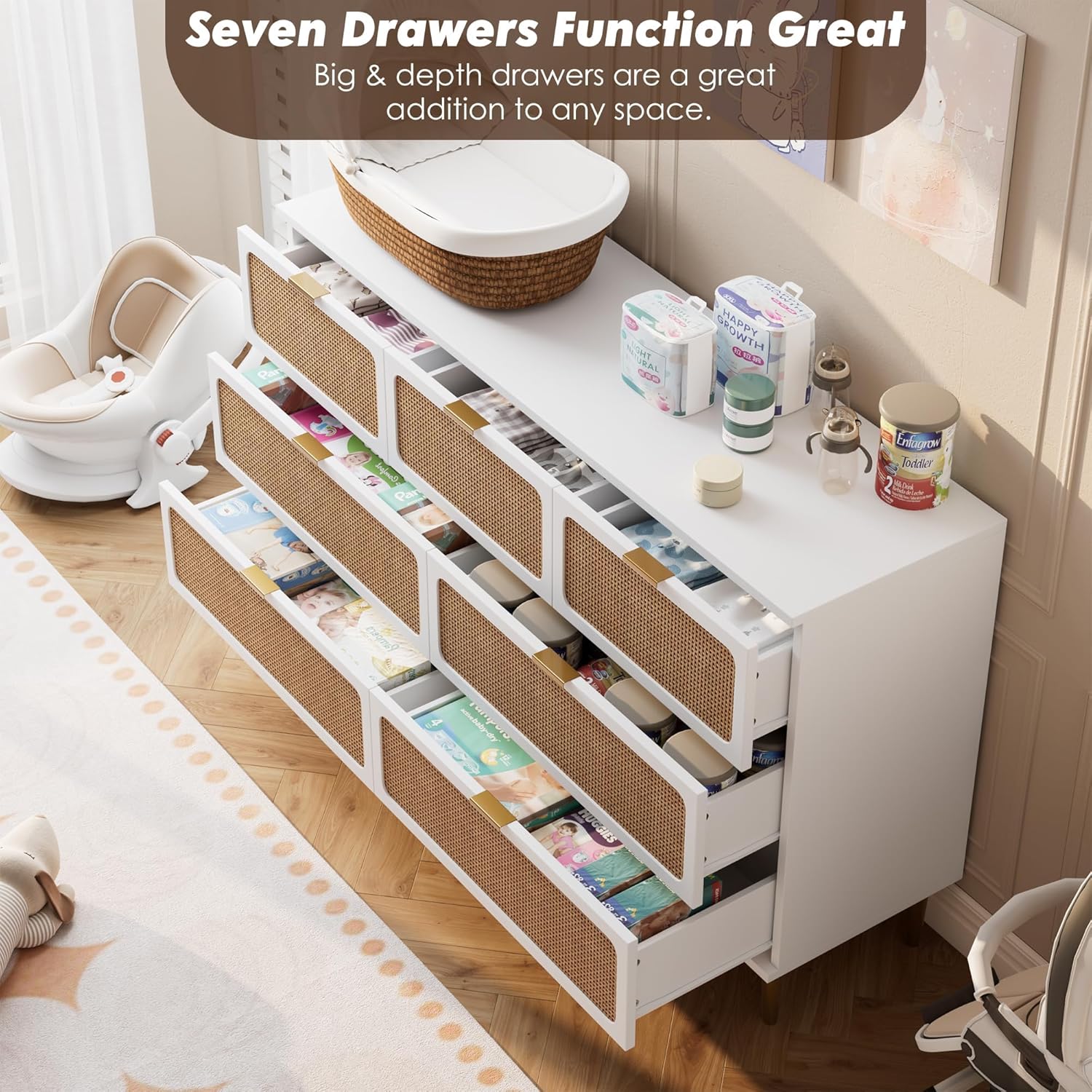 Garvee Rattan Dresser with 7 Drawers, Tall Modern Closet with Deep Storage, Large Chest of Drawers with Wide Top, Long Wooden Dresser for Bedroom, Living Room, Hallway, Kids Room, White