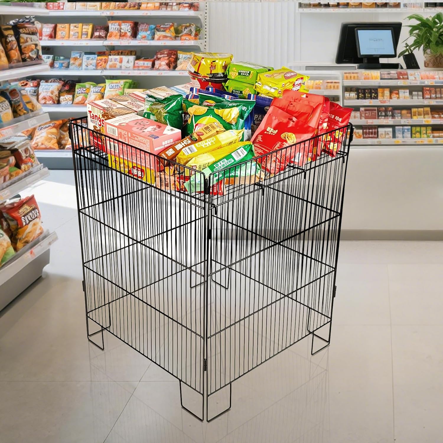Wire Dump Bin Metal Display Shelf Unit, 24 * 24 * 32inch，Adjustable Height, Black Wire Grid Storage Rack, Foldable Commercial Retail Stand(Large