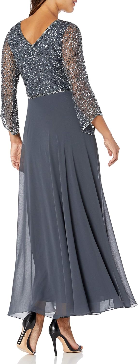 J Kara Women's Plus Size 3/4 Sleeve V-Neck Beaded Top Long Gown - Image 3