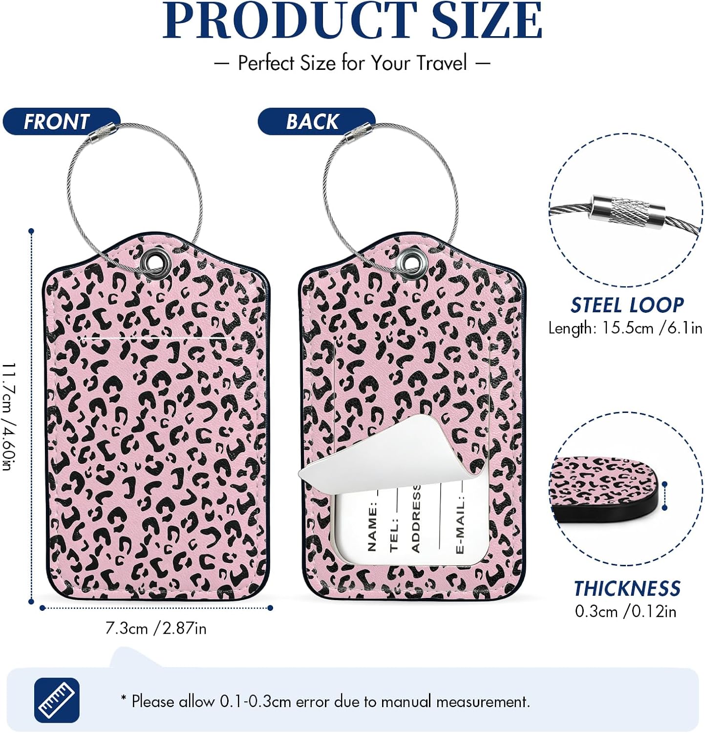 2 PCS Luggage Tags for Suitcases,Cute Pink Leopard PU Leather Name Tag with Privacy Cover&ID Label Address Card and Durable Metal Ring Suitable for Men Women Travel Bag image 2
