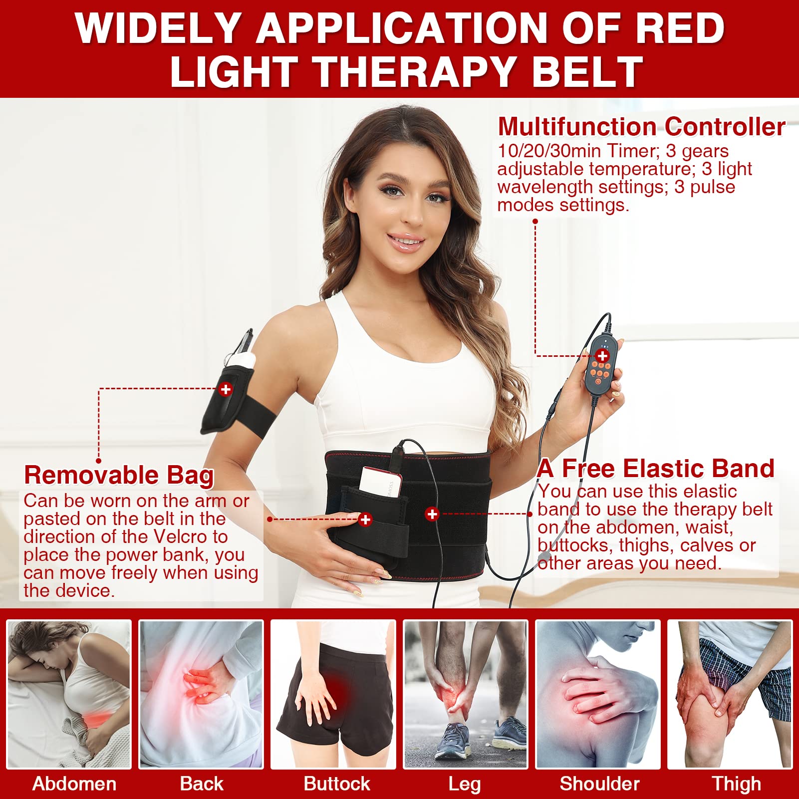 JOBYNA Cinturón Terapia Luz Roja Infrarroja 660nm 850nm para Dolor Cuerpo Espalda