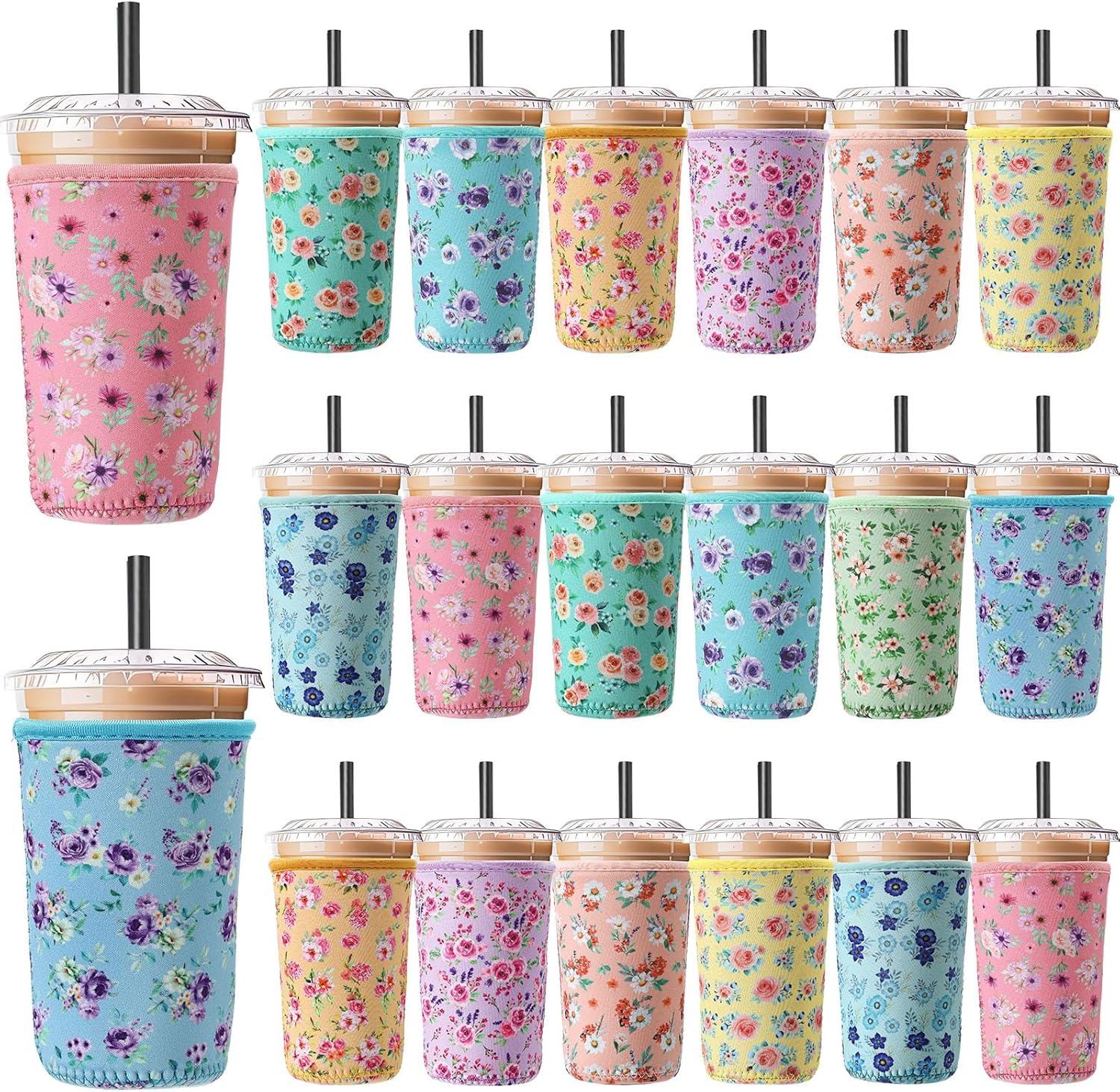 Irenare 20 Pcs Reusable Iced Coffee Sleeve Neoprene Insulator Cup Sleeve for Cold Beverages Cups Neoprene Holder for Cold and Hot Drinks Fits Coffee Cups(22-24oz,Colorful)