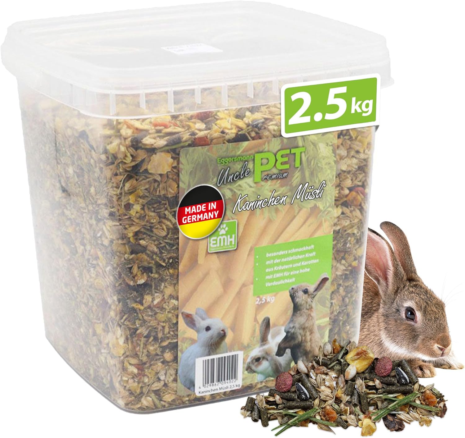 Eggersmann Uncle Pet 2,5 kg Kaninchenfutter – Premium Kaninchengetreide – Kaninchenfutter mit der natürlichen Kraft von Kräutern und Karotten – Kaninchenzubehör (2,5 kg Eimer)