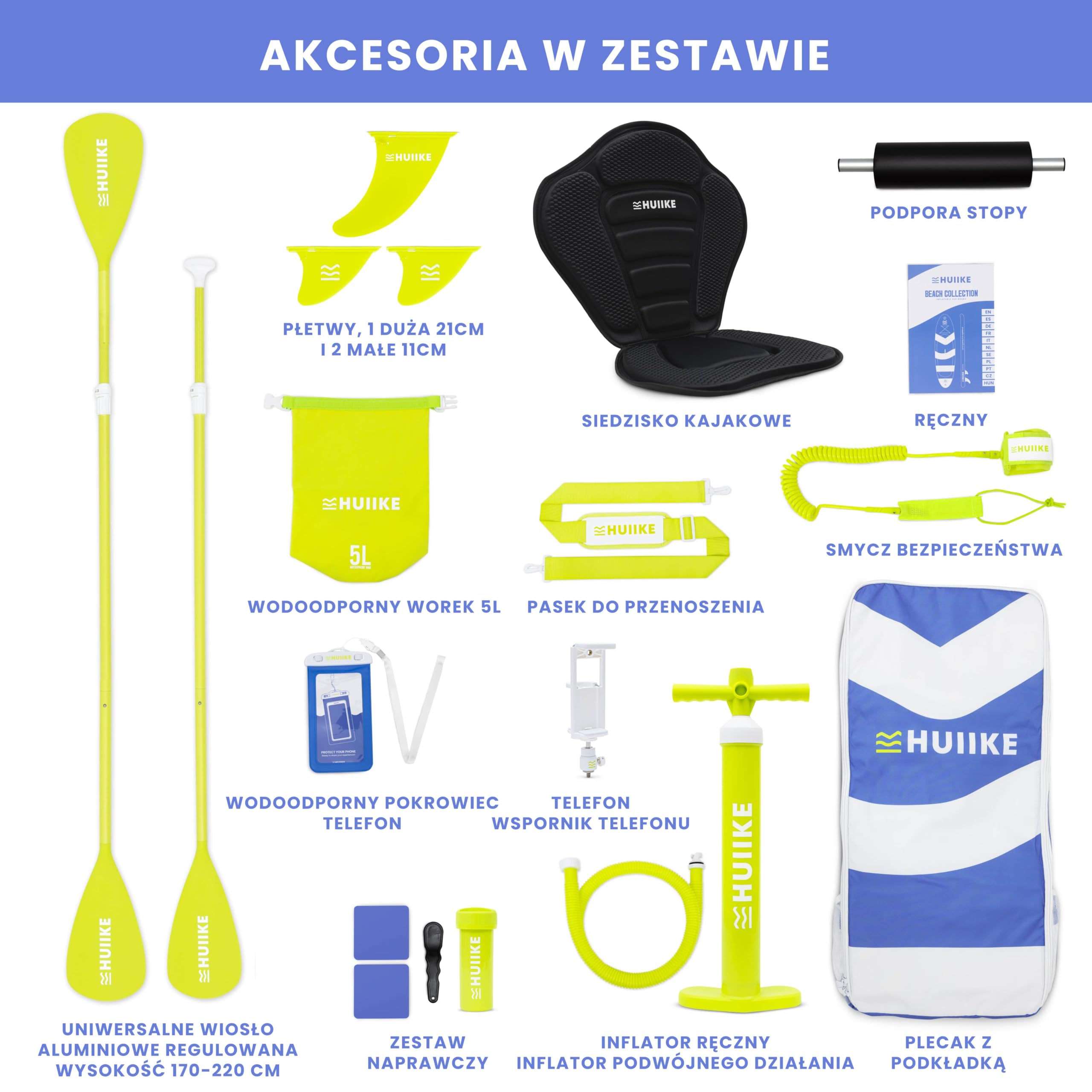 HUIIKE Deska Sup z Akcesoriami, Wiosło, Stateczniki, Pompka. Nadmuchiwana Deska o Doskonałej Stabilności I Wytrzymałości. 305 x 84 x 15 cm, Maksymalne Obciążenie 130 kg