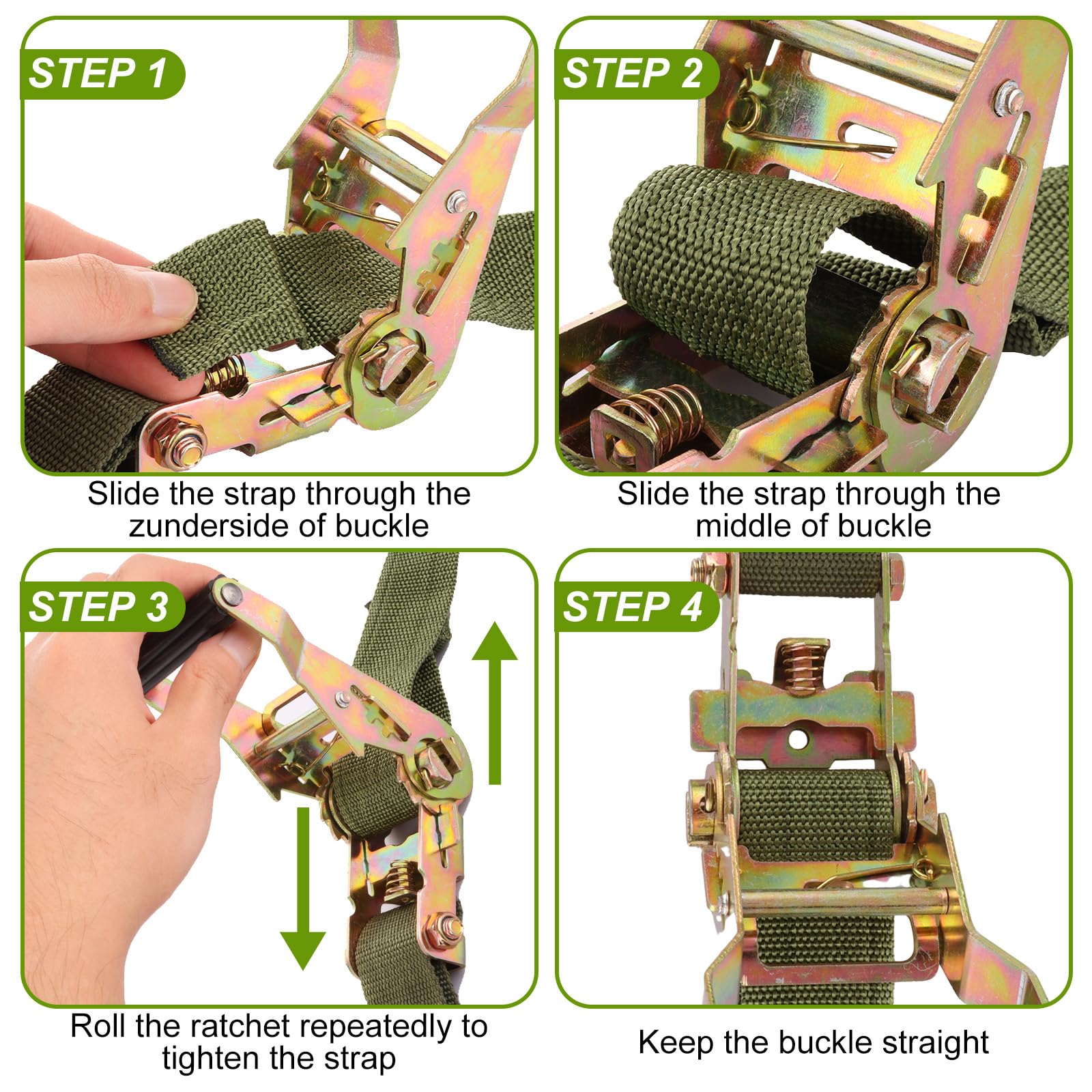 Paquete de 4 correas de amarre de trinquete de 38 mm x 5 m con gancho, correas de amarre resistentes de 800 kg con hebilla ajustable, correas de carga, correas de tensión para equipaje,