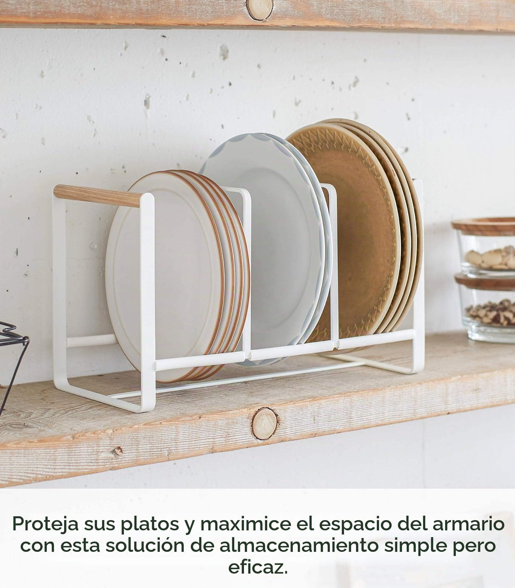 YAMAZAKI 2963 TOSCA Estante para platos ancho, blanco, Acero/Madera, minimalista, 34.5 x 16.5 x 20 cm