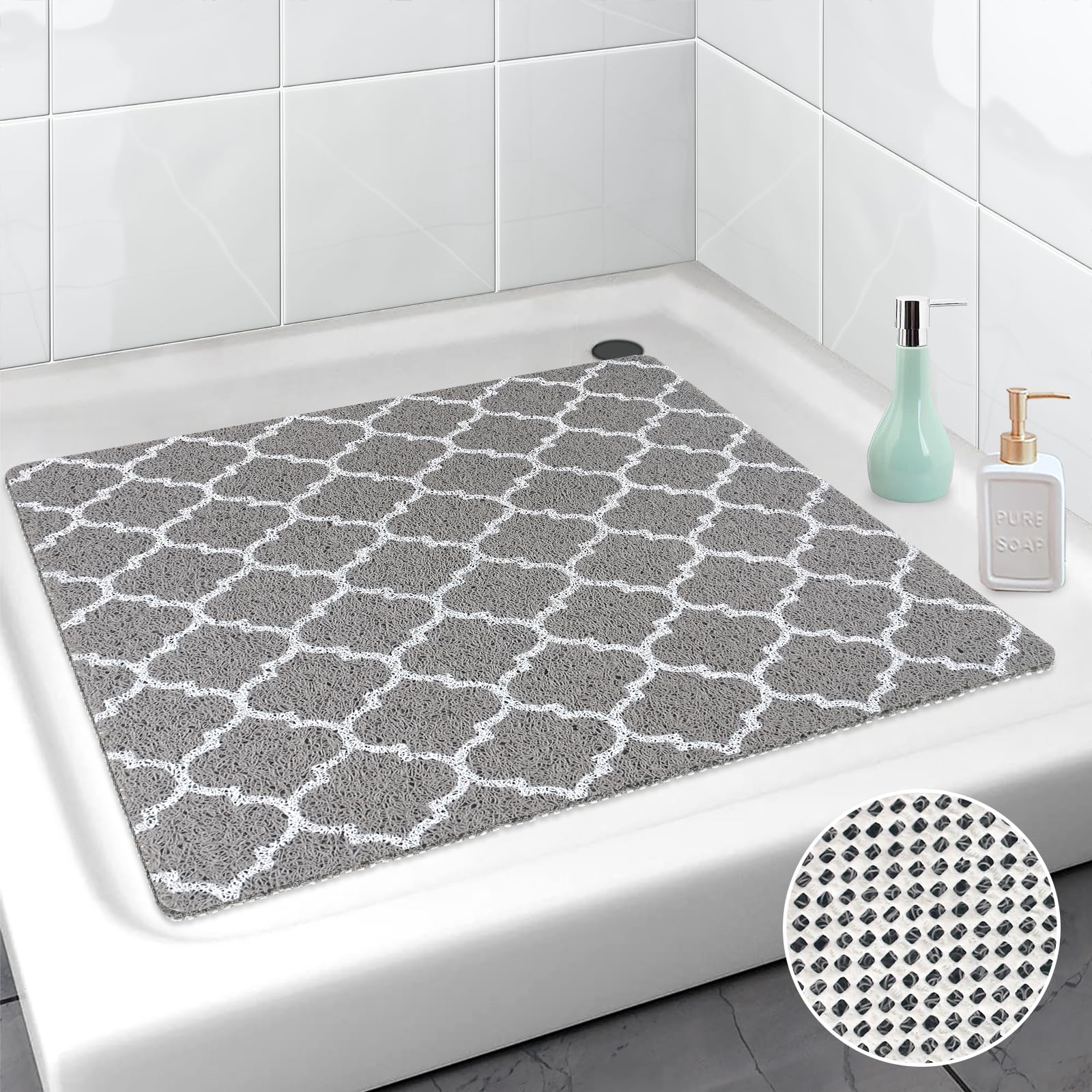 ZOKBOM Square Shower Mat Non Slip Anti Mould, Grey Simple Curve, 60 x 60 cm (Square)