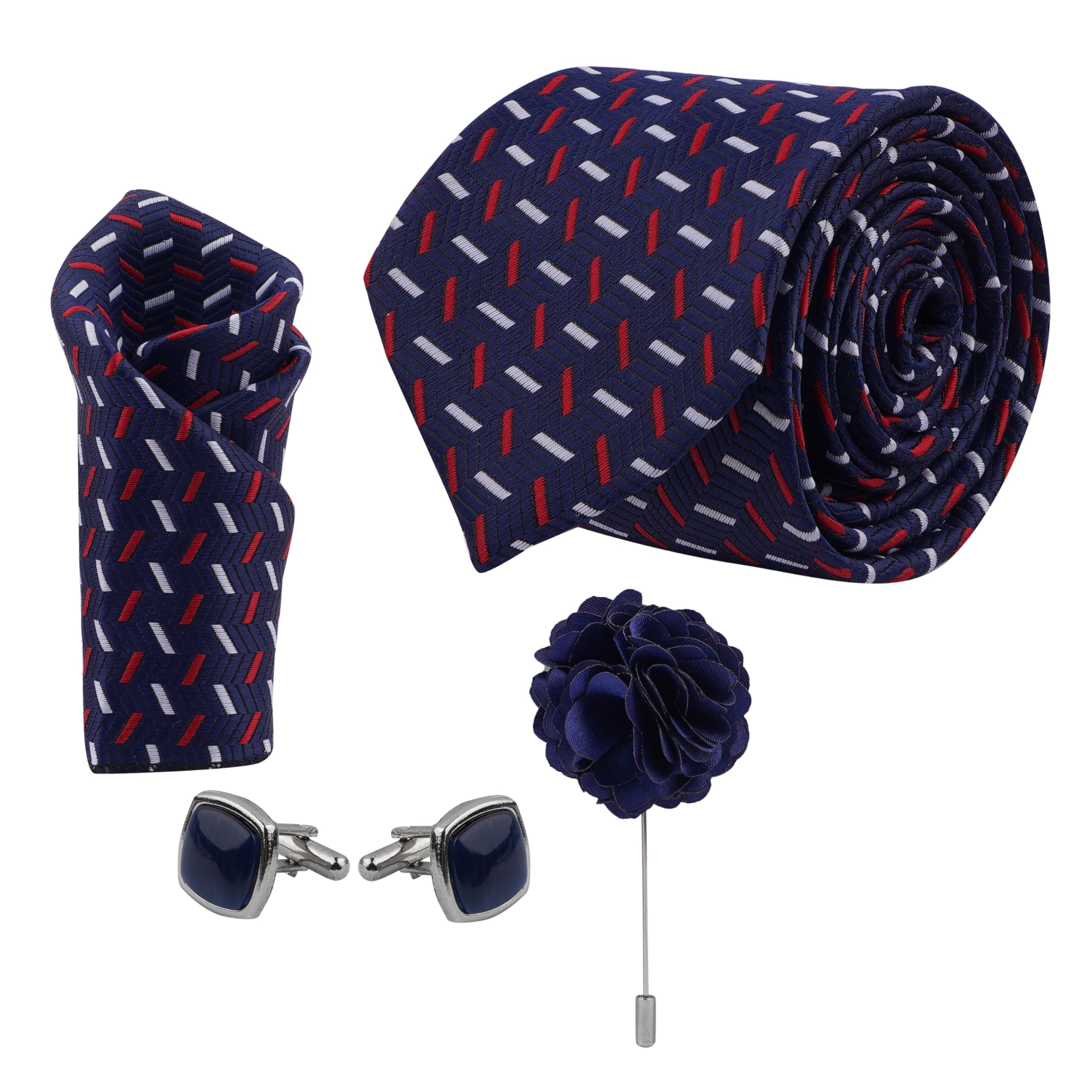 calixto Men'S Navy Blue Color Ties With Segmented Stripes In Alternating Colors Of White & Red, Micropoly Formal Necktie With Pocket Square, Silky Feel (Pack Of 4).-picture-27