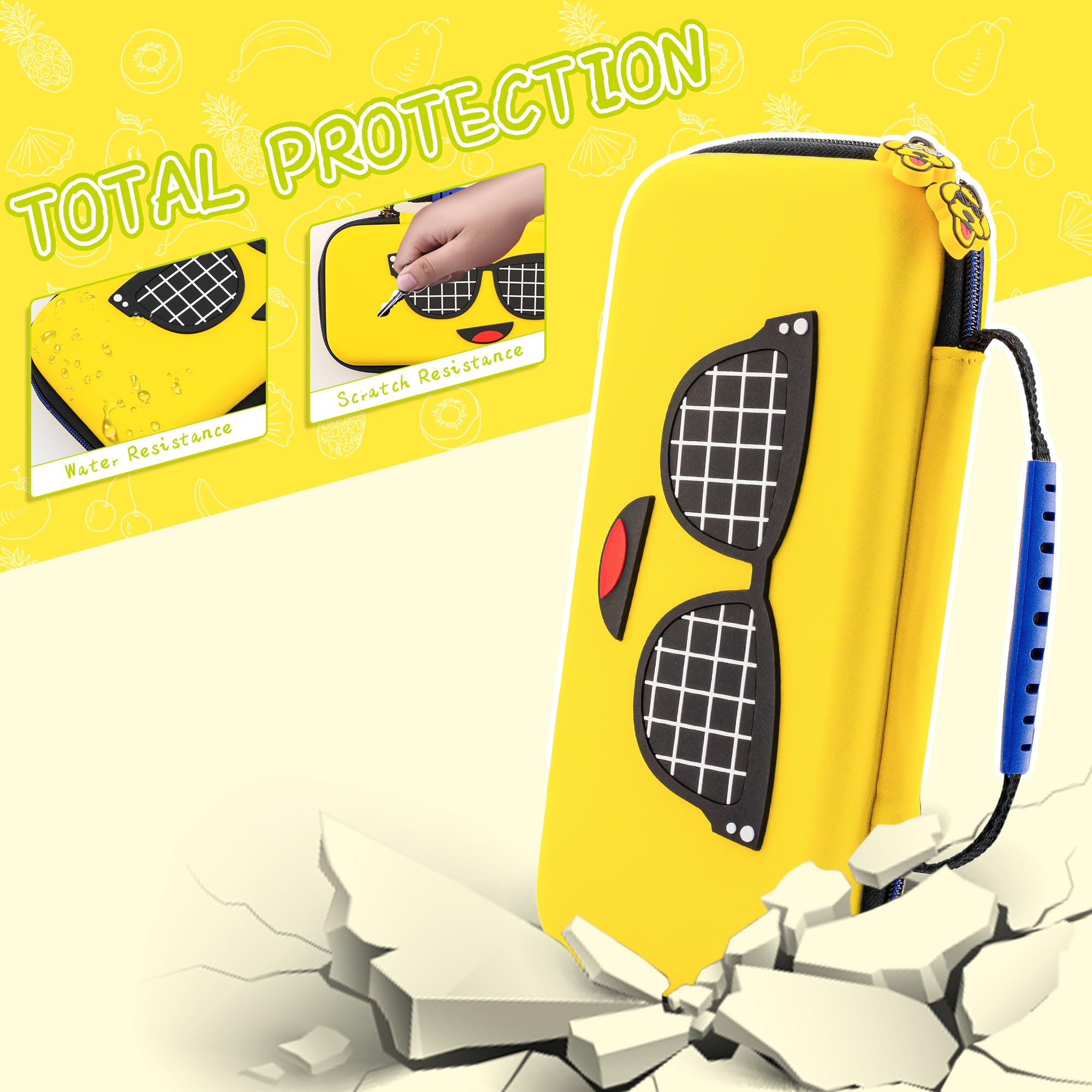 FUNDIARY Custodia da trasporto gialla compatibile con Nintendo Switch OLED, grazioso pacchetto di accessori a banana per console Switch con guscio protettivo rigido per PC, pellicola protettiva HD e 2