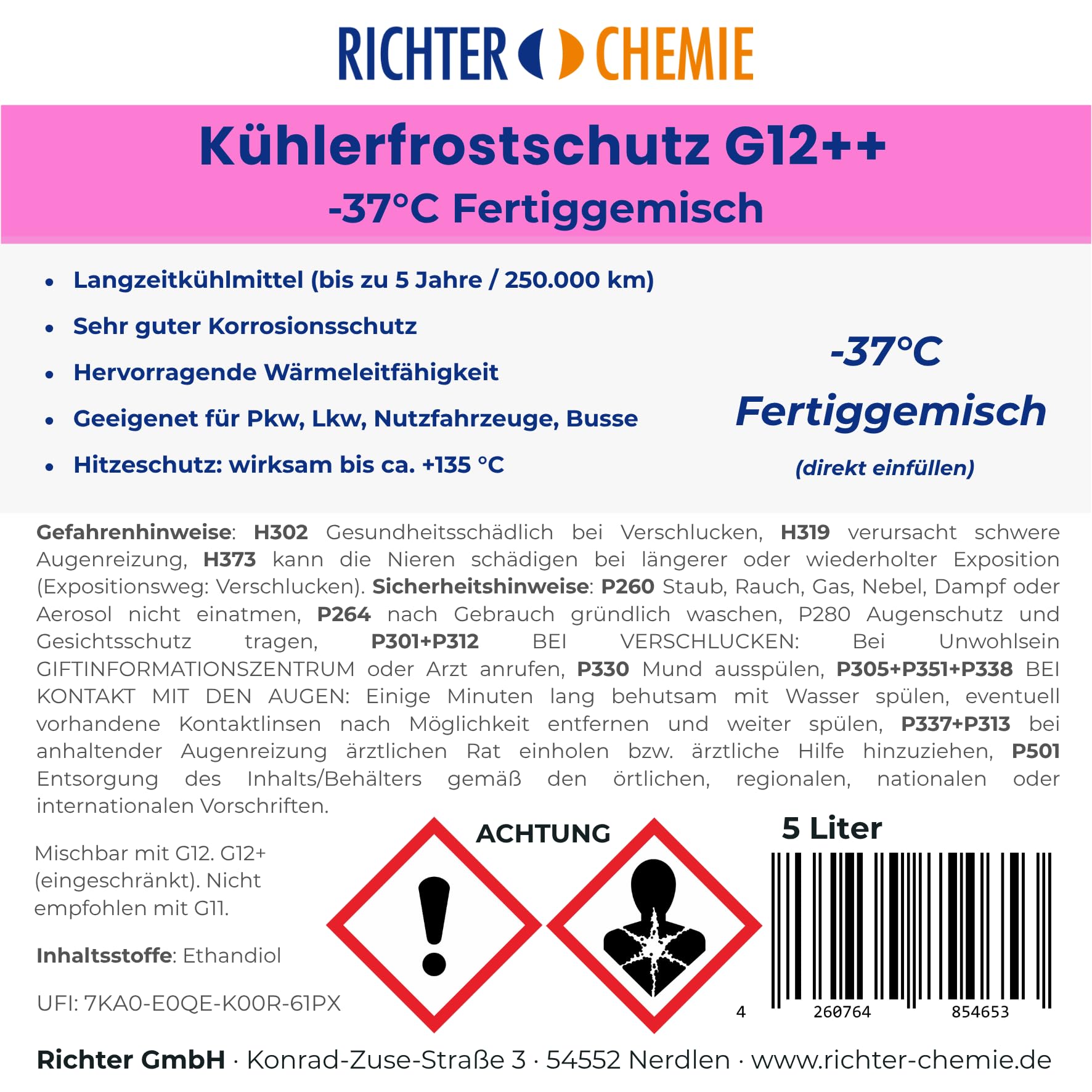 Richter Chemie Kühlerfrostschutz G12++ Fertiggemisch, -37°C, 3 x 5 L, Pink | Langzeitkühlmittel bis 5 Jahre / 250.000 km; Temperaturschutz bis -37°C bis ca. +135°C, Für PKW, LKW, Nutzfahrzeuge, Busse