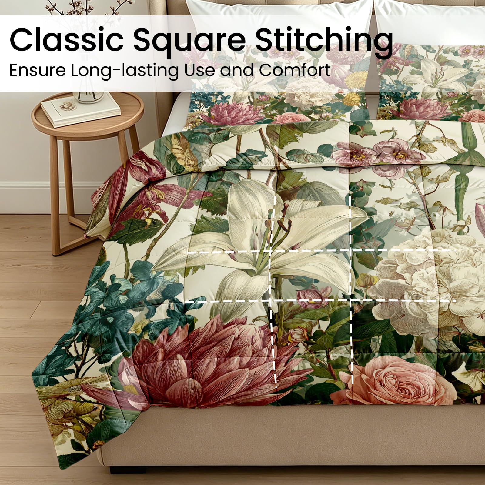 Bettdecke Ohne Bezug Vintage Blumen 3D Ganzjahresdecke 135x200 Tulpen Rose Wende Sommerdecke Waschbar Steppdecke Warme und Weiche Bettdecken mit 2 Kissenbezüge 80x80 cm Q-36