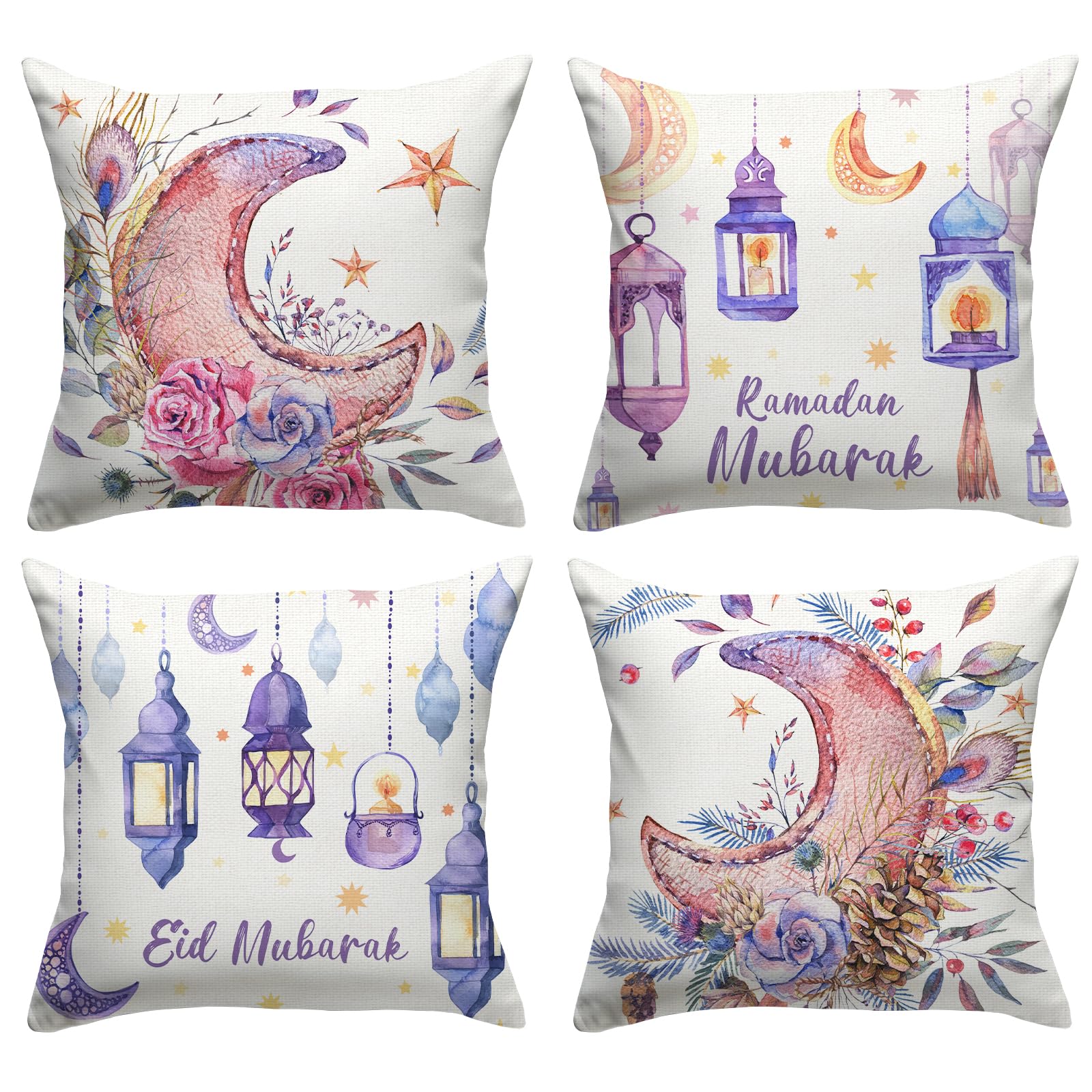 FARMNALL Linen Ramadan Mubarak Pillow Covers 18x18 Set of 4 Mosque Lantern Islamic Mubarak Pillow Case Decorations Bed Couch Sofa Car Chair Pillow