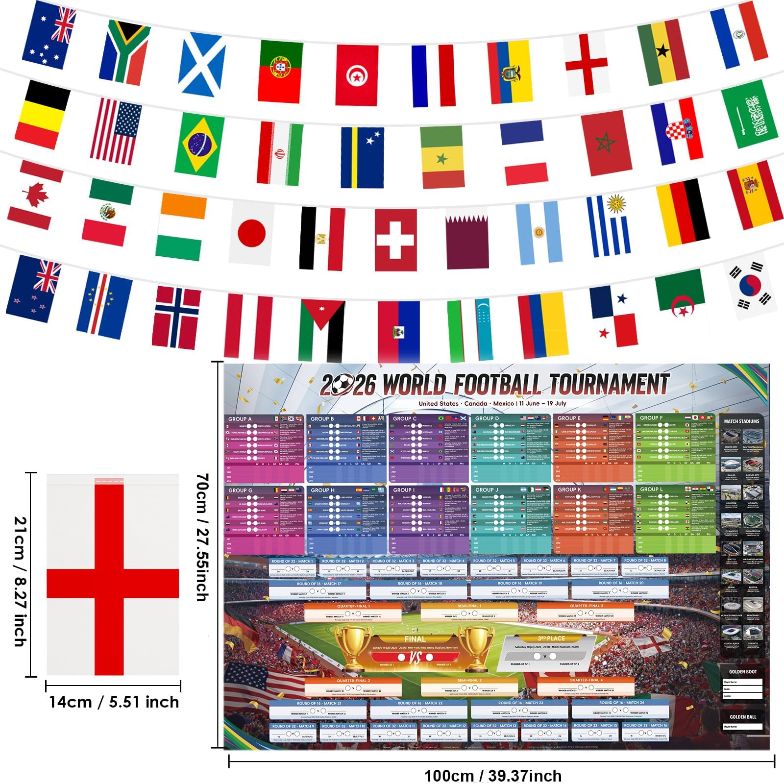 AhfuLife Banderines de 2026 Fútbol de la Copa del Mundo y Póster de Calendario, 14x21cm-15m Banderines de Mundo, Póster de Calendario 100x70cm, Decoración para la Copa Mundial, Fútbol y Fiestas - 2