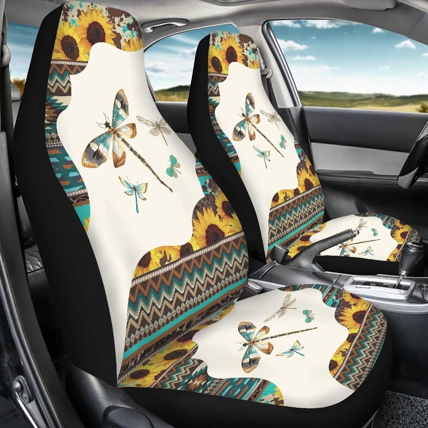 Dragonfly Car Seat Cover Full Set Front Seat,Western Sunflower Dragonfly Automotive Seat Covers Driver Seats Protector Cushion Universal Fit Anti Slip Auto Seat Set image 3