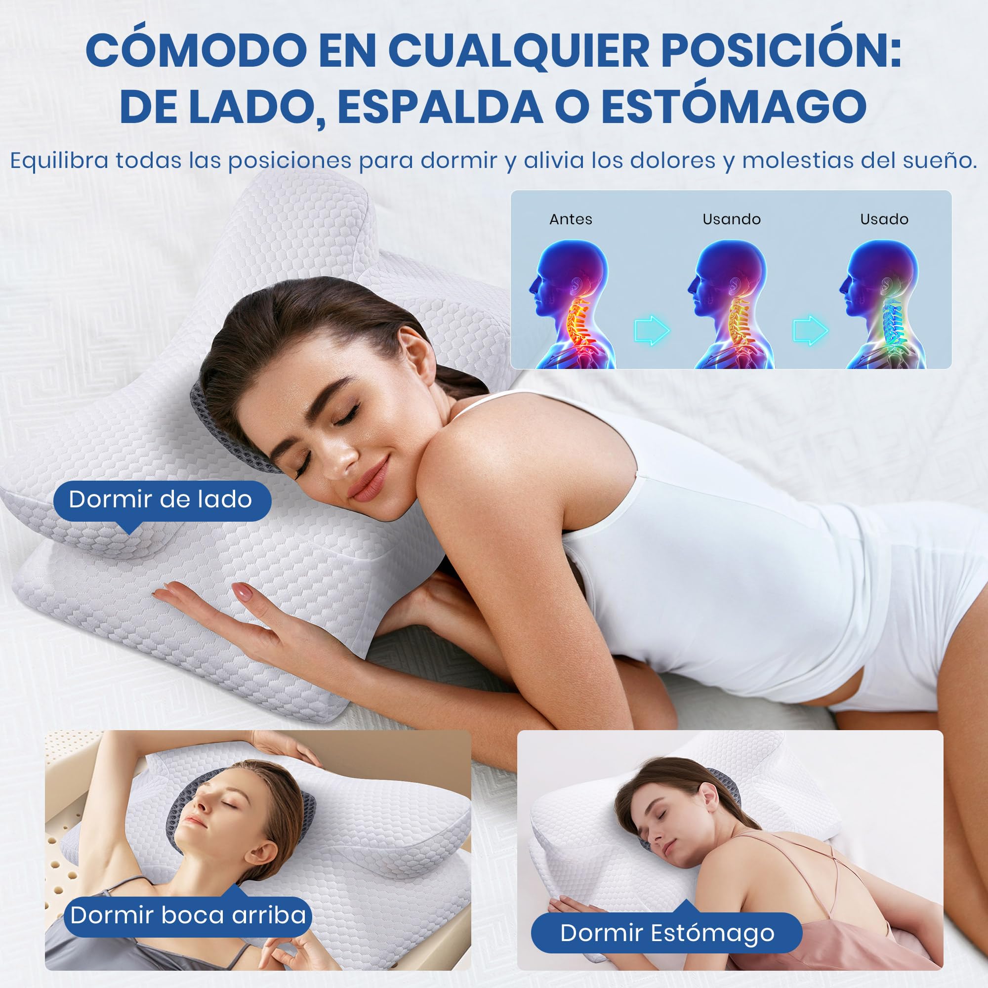 Almohada Cervical, 2 en 1 Almohada Cervical de Espuma Viscoelastica Memoria | Almohada Ortopédica Ergonómica de Soporte para el Cuello, Almohada Cervical Relajación y Alivio del Estrés, 60 x 34 x 10/13cm