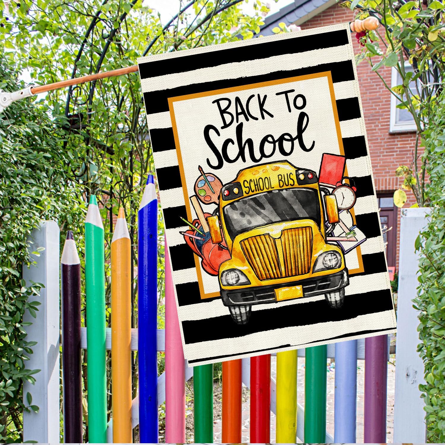 Baccessor School Bus Back to School House Flag Burlap Black Stripes School First Day House Flag for Fall Seasonal Farmhouse Outdoor Outside Party Decoration 28x40 Inch image 2