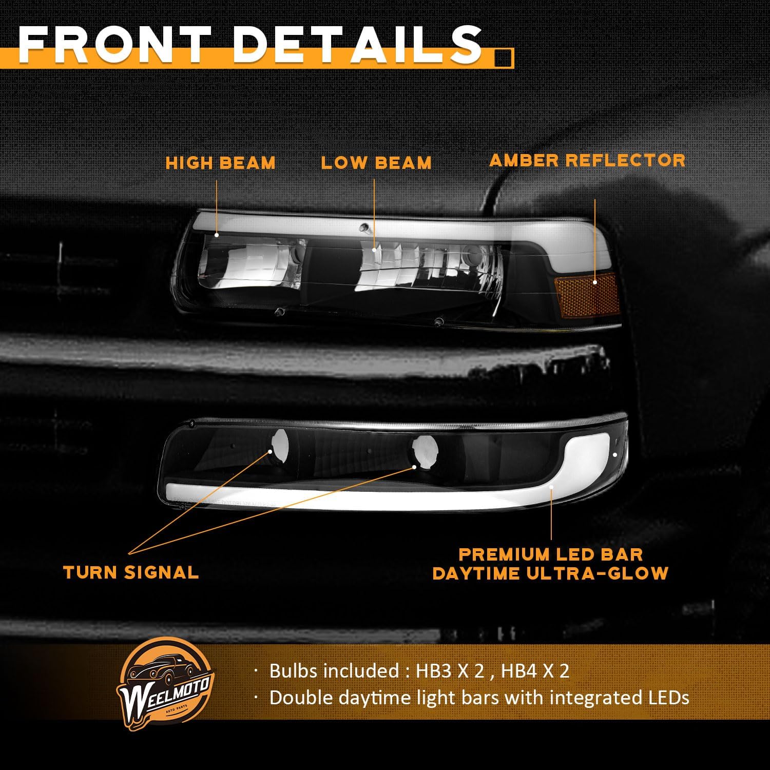 WEELMOTO LED Headlights Assembly for 99-02 Chevy Silverado 1500 2500; for 01-02 Silverado 1500HD 2500HD 3500HD; for 00-06 Tahoe Suburban 1500 2500; with Daytime LED Bar Tube+Parking Turn Signal Lights