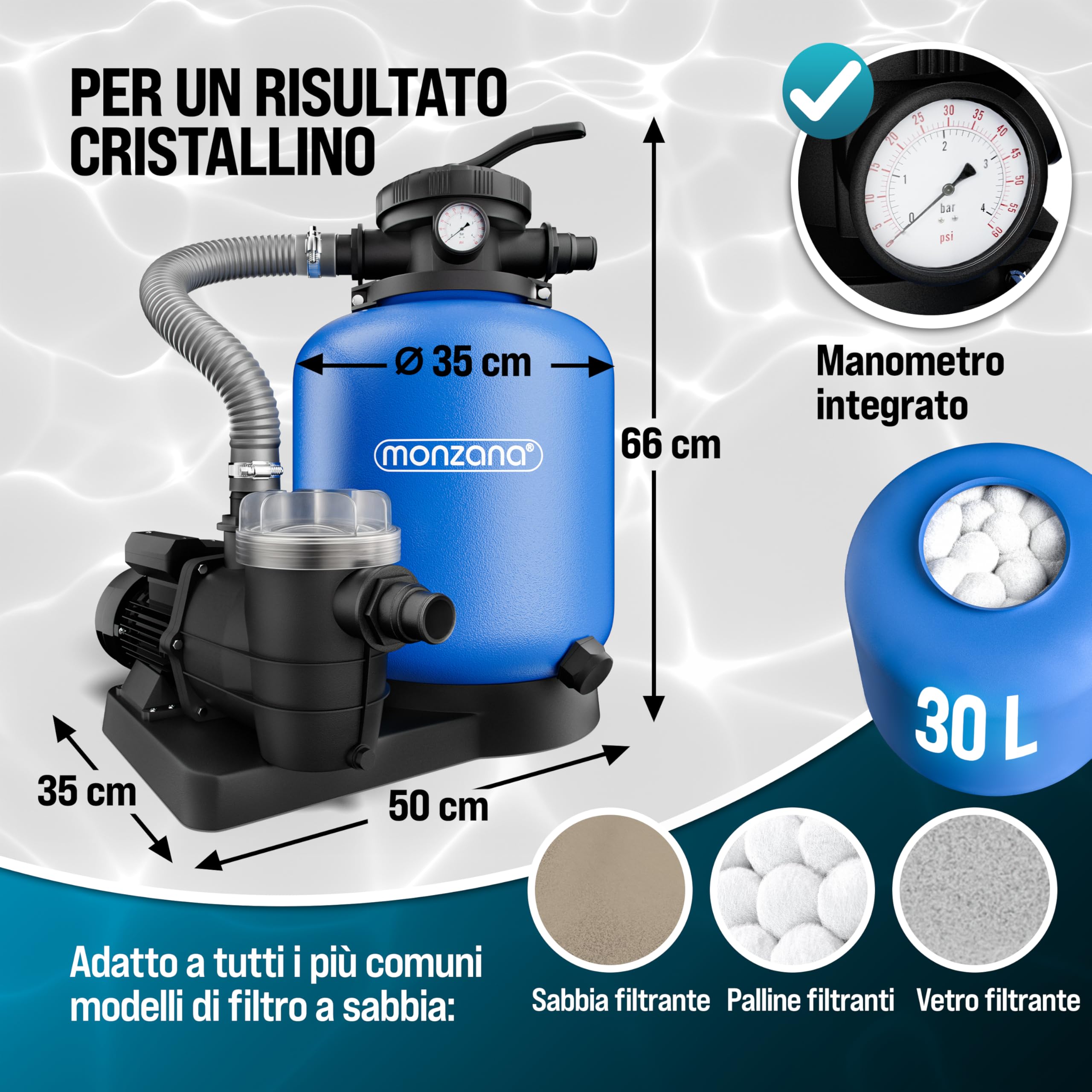 MONZANA® Filtro per Piscina a 7 Vie 11.000 L/h Serbatoio 30L Valvola 7 Vie Sfere Filtranti da 700g
