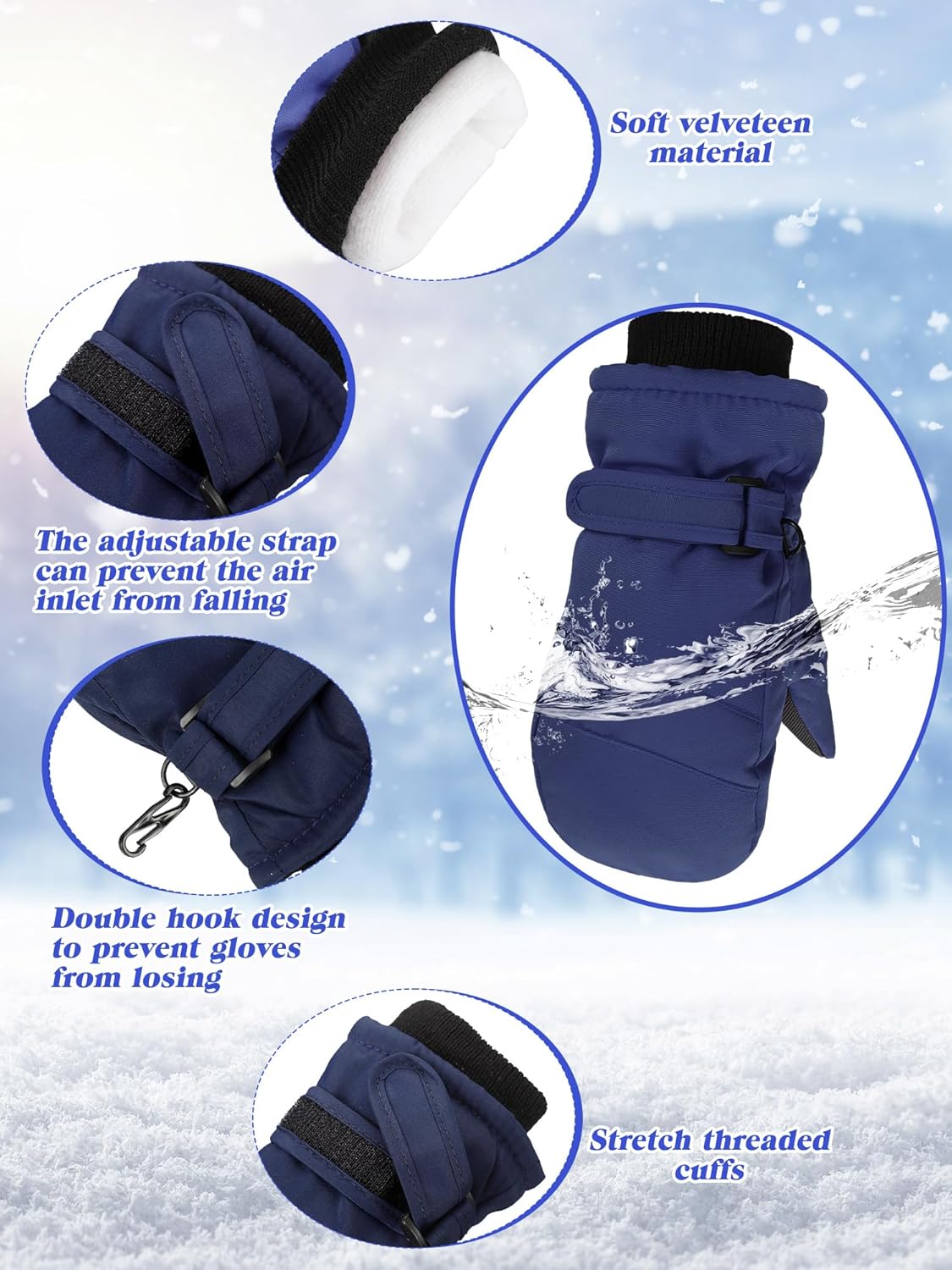 Newcotte 6 Pairs Winter Ski Mittens Kids Waterproof Warm Snow Gloves for Boys Girls Cold Weather Outdoor Activities