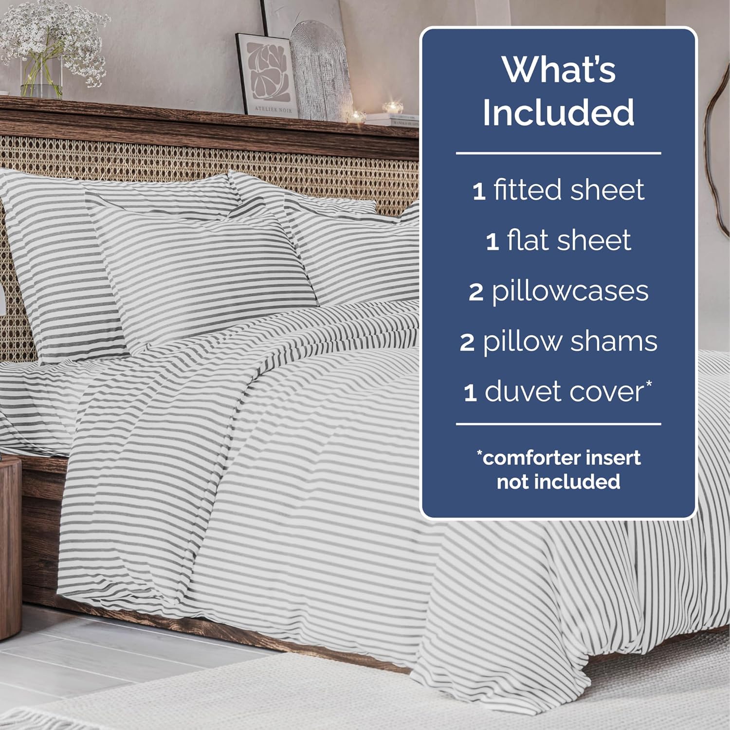 4pc Grey Stripes Sheet Set with Duvet (Queen Size) Bundle - Bed Set Includes Fitted Sheet, Flat Sheet, Duvet Cover and Pillow Cases/Shams - Hotel Luxury Bedding Set - Breathable & Cooling Duvet Set