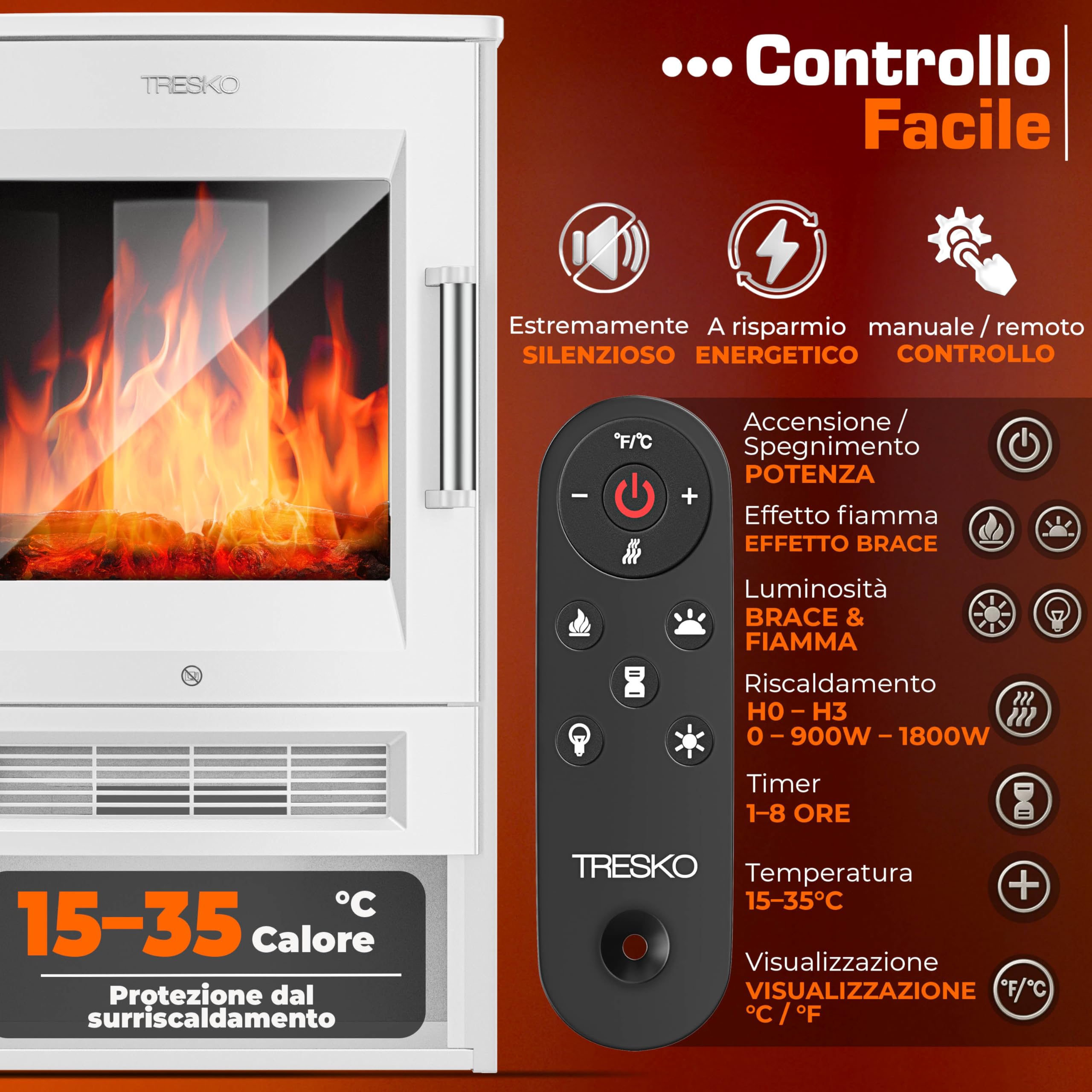 TRESKO Camino elettrico con riscaldamento con telecomando e app WiFi, camino elettrico, 1800 W, effetto fiamma a LED, modalità di colore, termostato, timer, stufa elettrica, camino, camino, 2 livelli