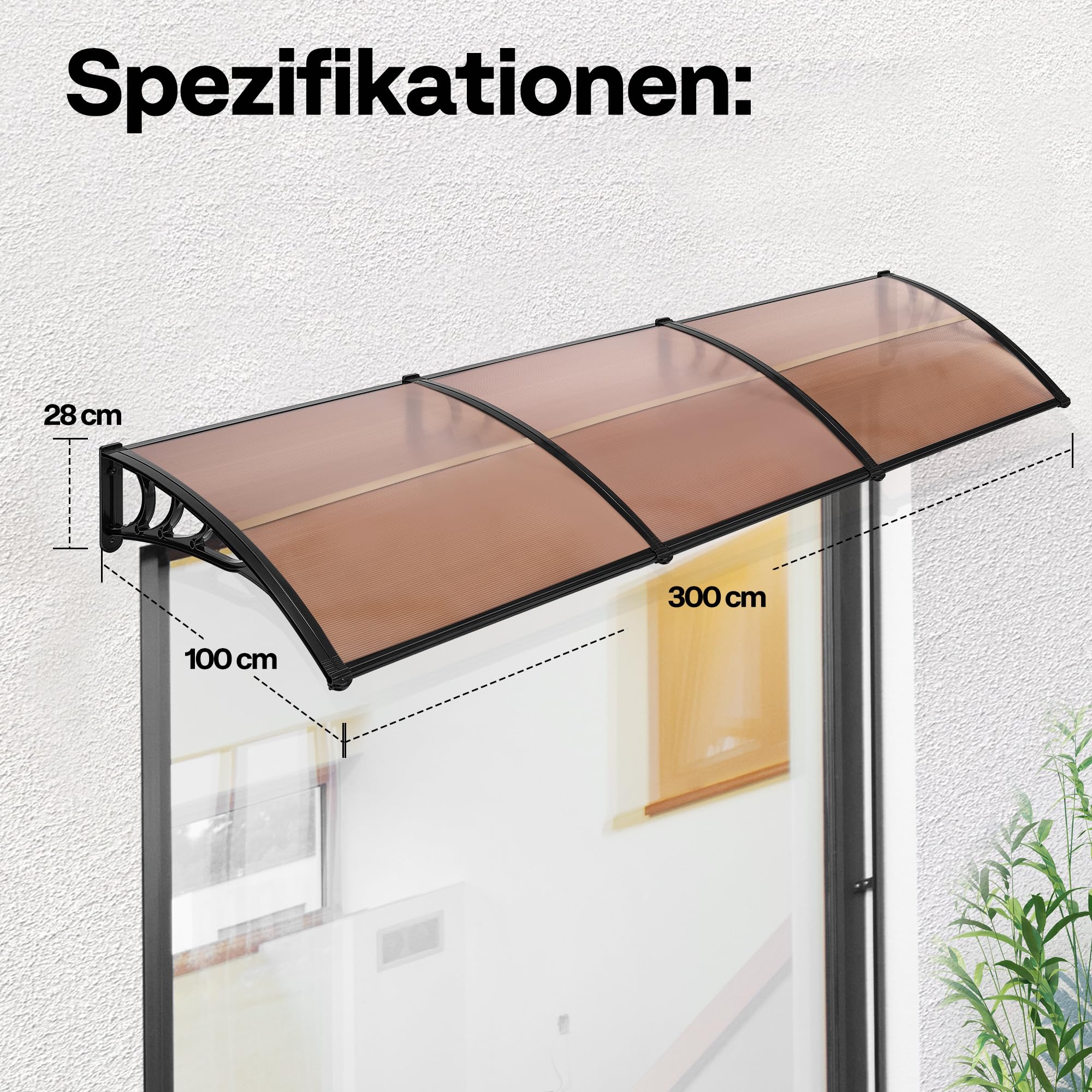 VIVOHOME Vordach für Haustür Fenster Markise 300×100cm Polycarbonat gespleißte Überdachung braun Pultbogenvordach mit schwarzer Halterung für Sonnenschutz und Regenschutz