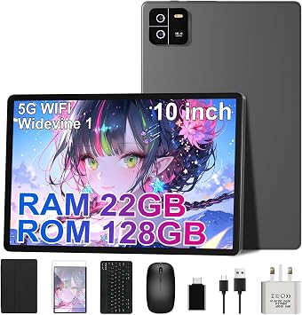 Android Tablet 10 Inch, Tablets 22GB RAM+128GB ROM TF 1TB Octa-Core/1920 * 1200 pixel/5G+WiFi 6,Widevine L1/8000mAh,Bluetooth 5.0/GMS/8+16MP/Widgets/Tablet with Keyboard+Mouse