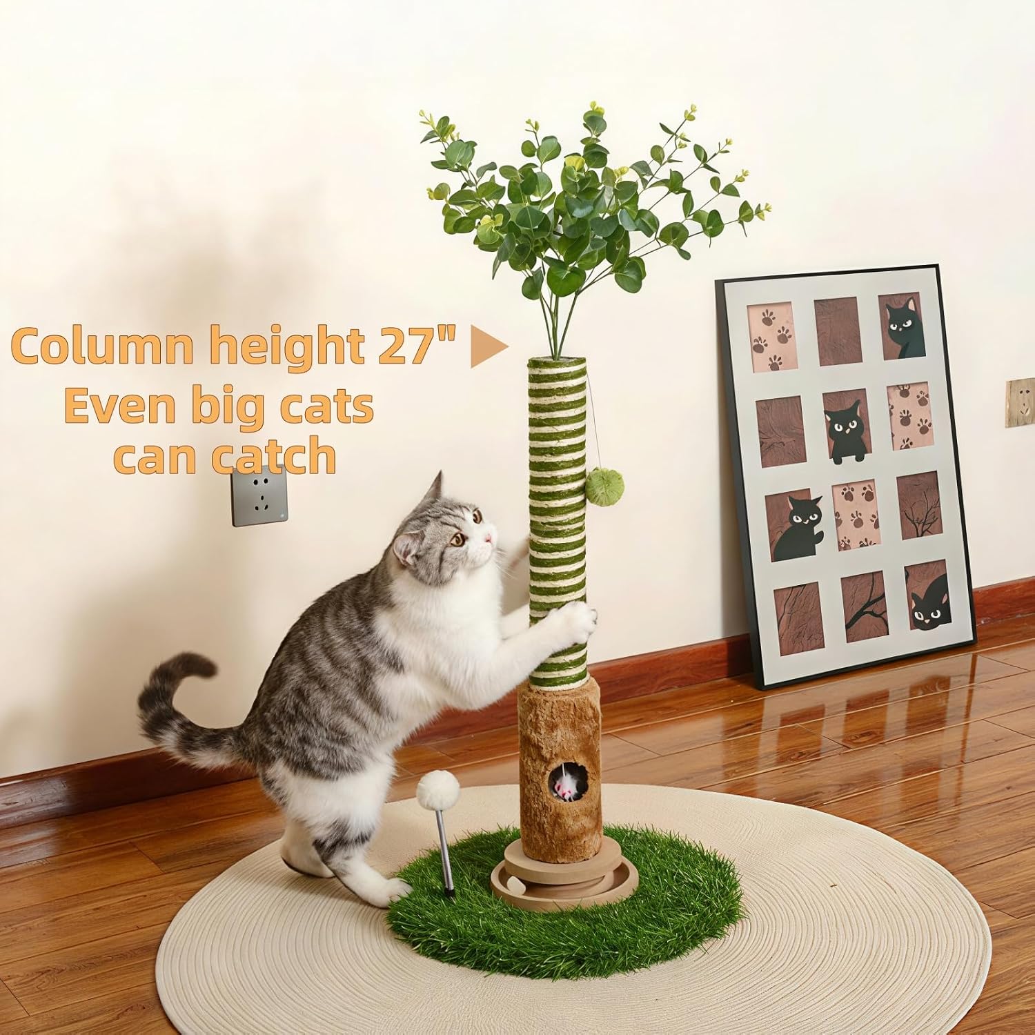 Cat Scratching Post, Two Tone Tall Sisal Scratch Pole For Indoor Cats,Artificial Turf Base Cat Tower With Hanging Toy,Double Ball Track & Simulated Mouse Hole,Strong Post For Kittens/Cats (35 in Post)
