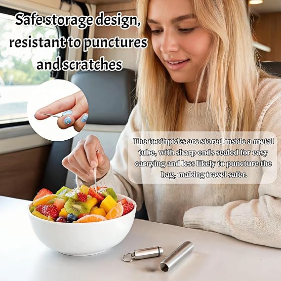 4PCS Titanium Toothpick Set with Stainless Steel Case, Portable Keychain Reusable Metal Toothpicks for Outdoor Camping, Picnic, Fruit Picking, Christmas Gift (Silver)