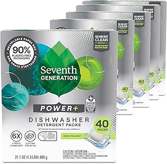 Seventh Generation Power Plus Dishwasher Detergent Packs Fresh Citrus scent Pack of 5 for sparkling dishes Dishwasher tabs 40 countU.S. EPA Safer Choice