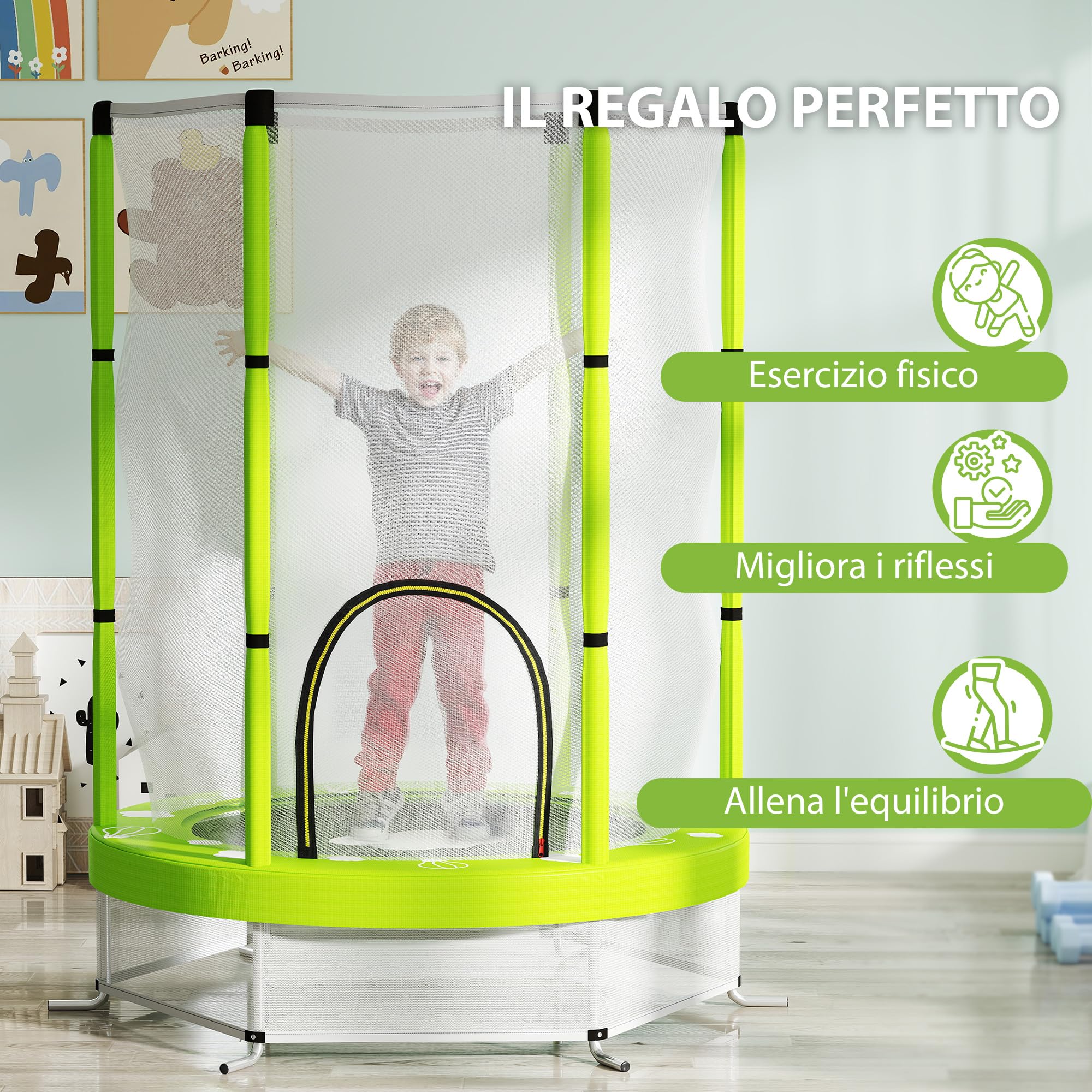 AIYAPLAY Trampolino Elastico per Bambini Ø140 cm con Rete di Sicurezza, Tappeto Elastico per Bimbi da 3-6 Anni con Disegni, per Interno ed Esterno, Verde
