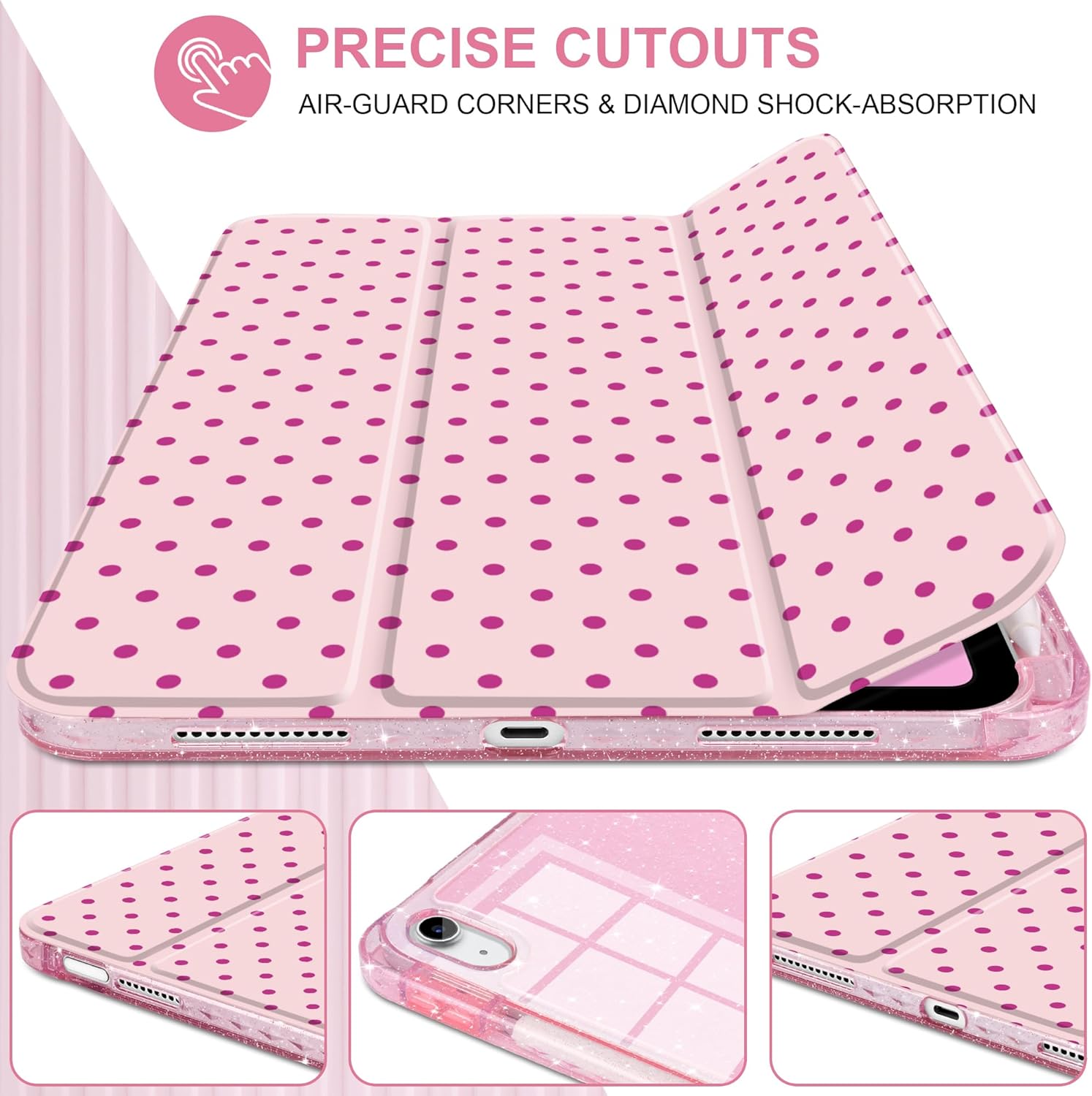 DONGKE for iPad 11th Generation Case (A16, 11-inch 2025) / iPad 10th Generation (10.9-inch 2022), Glitter Clear Acrylic Back, Pencil Holder, Trifold Stand, Auto Sleep/Wake - Pink Polka Dot