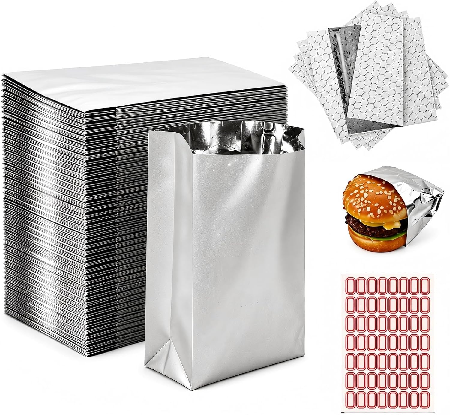 150 Pack Insulated Aluminum Foil Sandwich Bags Set for Burgers BBQ | Food-grade sandwich pouches, Thickened greaseproof lining, Self-adhesive secure seal; Perfect for kitchen food storage