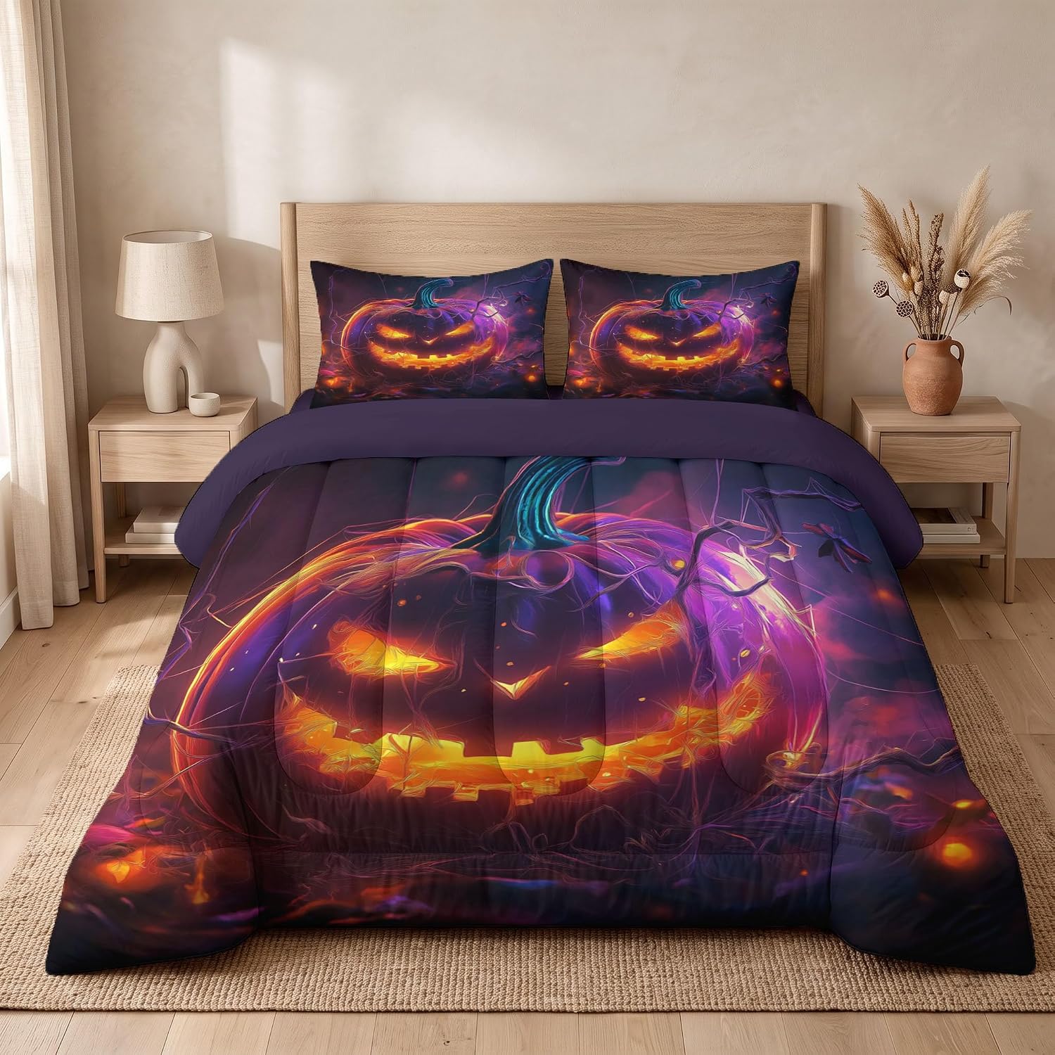 Surreal Horror Style Quilt Queen Size Flame Orange Quilt Bedding Set | 3 Pieces Soft Lightweight Microfiber Magic Pumpkin Head Bedspread Coverlet Set for All Season, 90"X90"