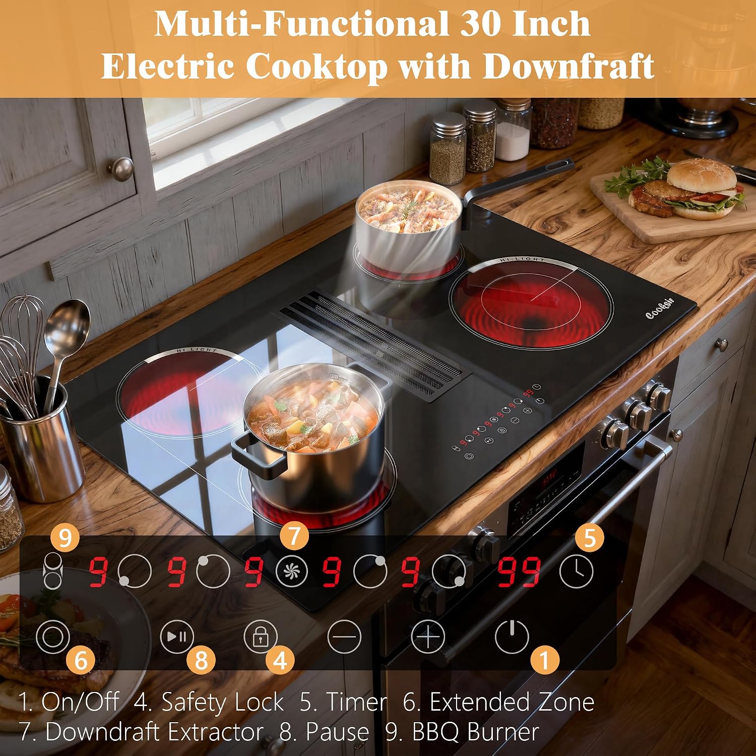 30 Inch Electric Cooktop with Ductless Downdraft - 4 Burner Built-in Stove 7400W, 30" Electric Stove Downdraft Range Hood 135W, Timer, Safety Lock, 220V Hard Wired, Recirculating Air Vent thumbnail