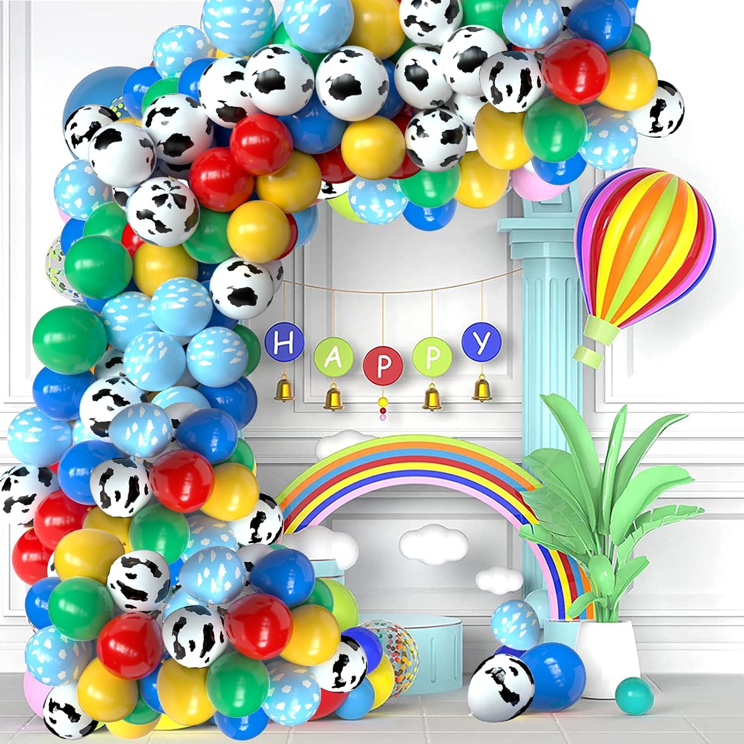OuMuaMua Toy Inspired Story Party Decorations, 68Pcs Red Green Yellow Blue Cloud Cartoon Balloons with Cow Print Balloons for Birthday Party Decorations, 12 Inch image 2