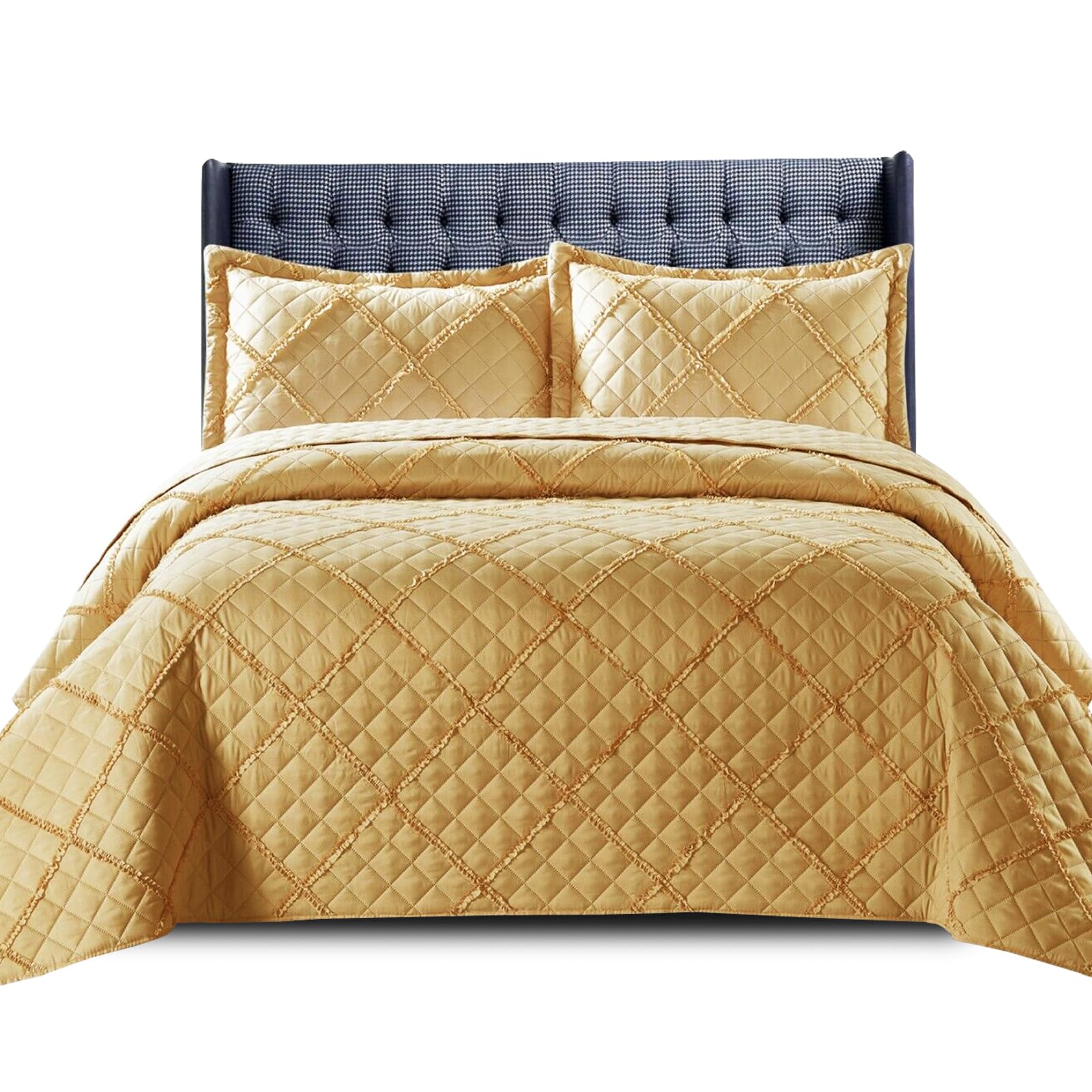 PHP Quilted Bedspread Bed Throws for Room Decor - Quilted Fabric Embossed Striped Pattern Ruffle Design Reversible Quilt Bedspreads Coverlets with Hypoallergenic Pillow Cover (Double, Ruffle Mustard)