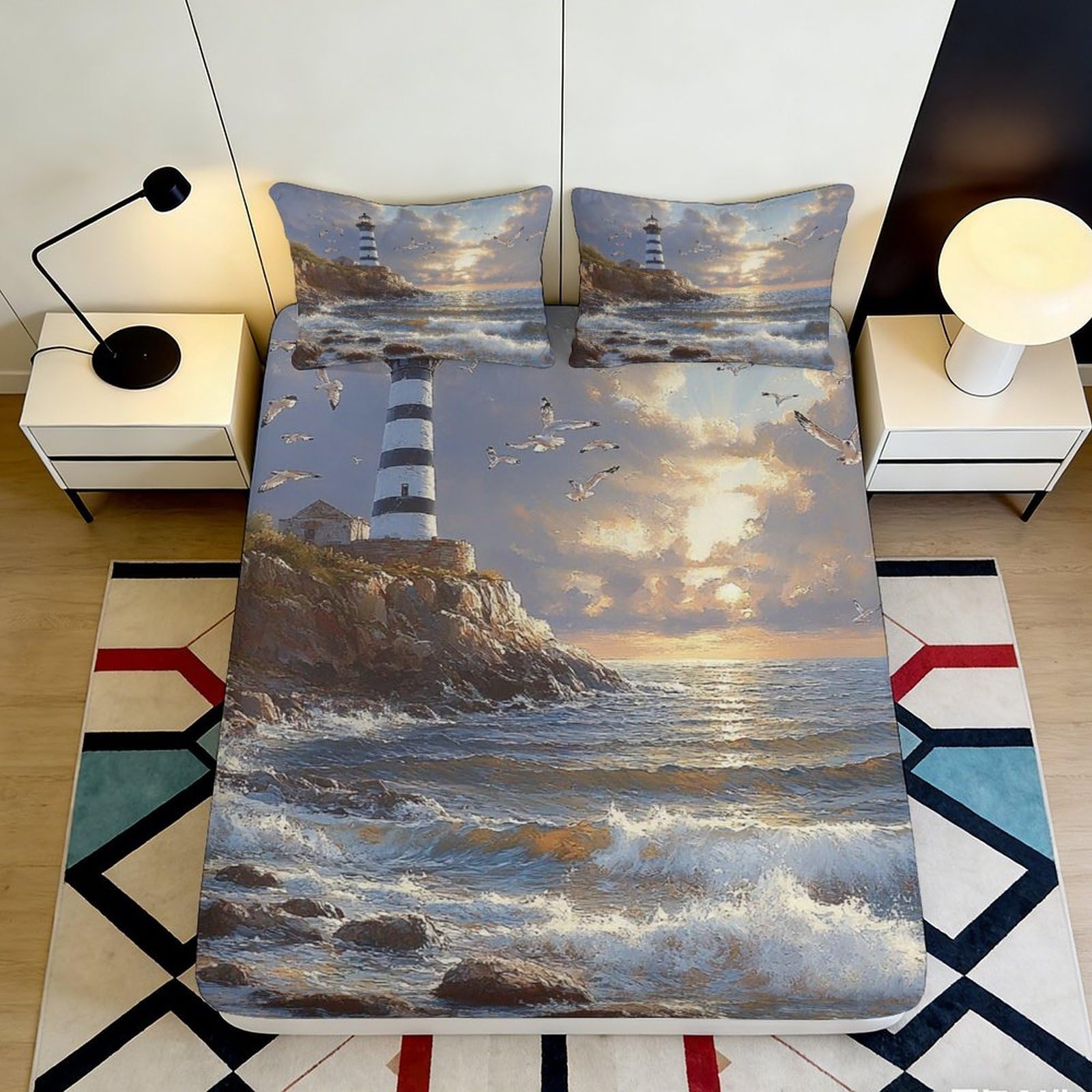 Jqzkxnhpbr Style-9 3D Printed Lighthouse Sunset Fitted Sheet Microfiber Soft Breathable Ocean Wave Mattress Cover For Bedroom Guest Room Decor 90X200x25cm