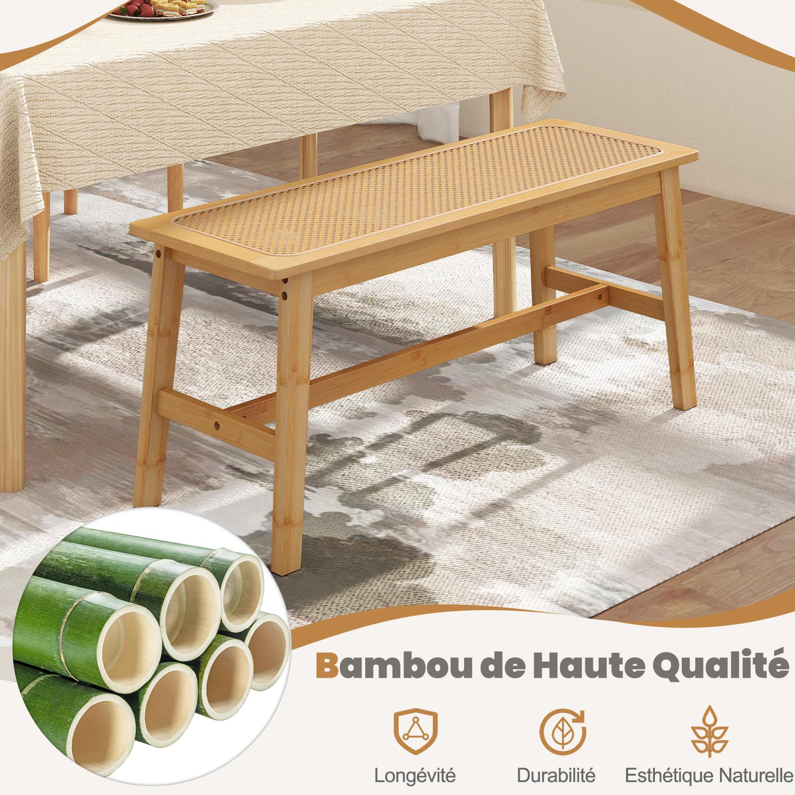 COSTWAY Banc de Salle à Manger en Bambou, Assise en Rotin PVC, Banquette pour 2 Personnes, Patins Antidérapants, Banc Interieur pour Cuisine Entrée Bout de Lit, Charge 300 kg, 100 x 35 x 45 cm