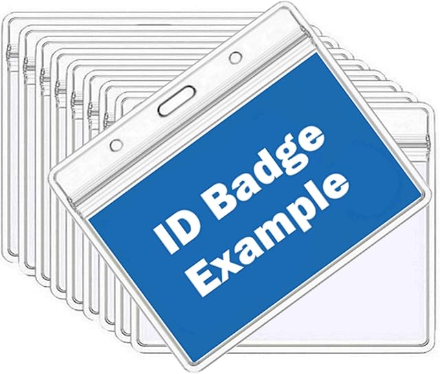 10pcs Horizontal Name Tag Badge ID Card Holder - Heavy Duty Clear Plastic Cover Sleeve Pouch with Waterproof Type Resealable Zip | Dual-Use Hanging Holes Name Badge Inserts - 10 Piece Pack, 10x8cm