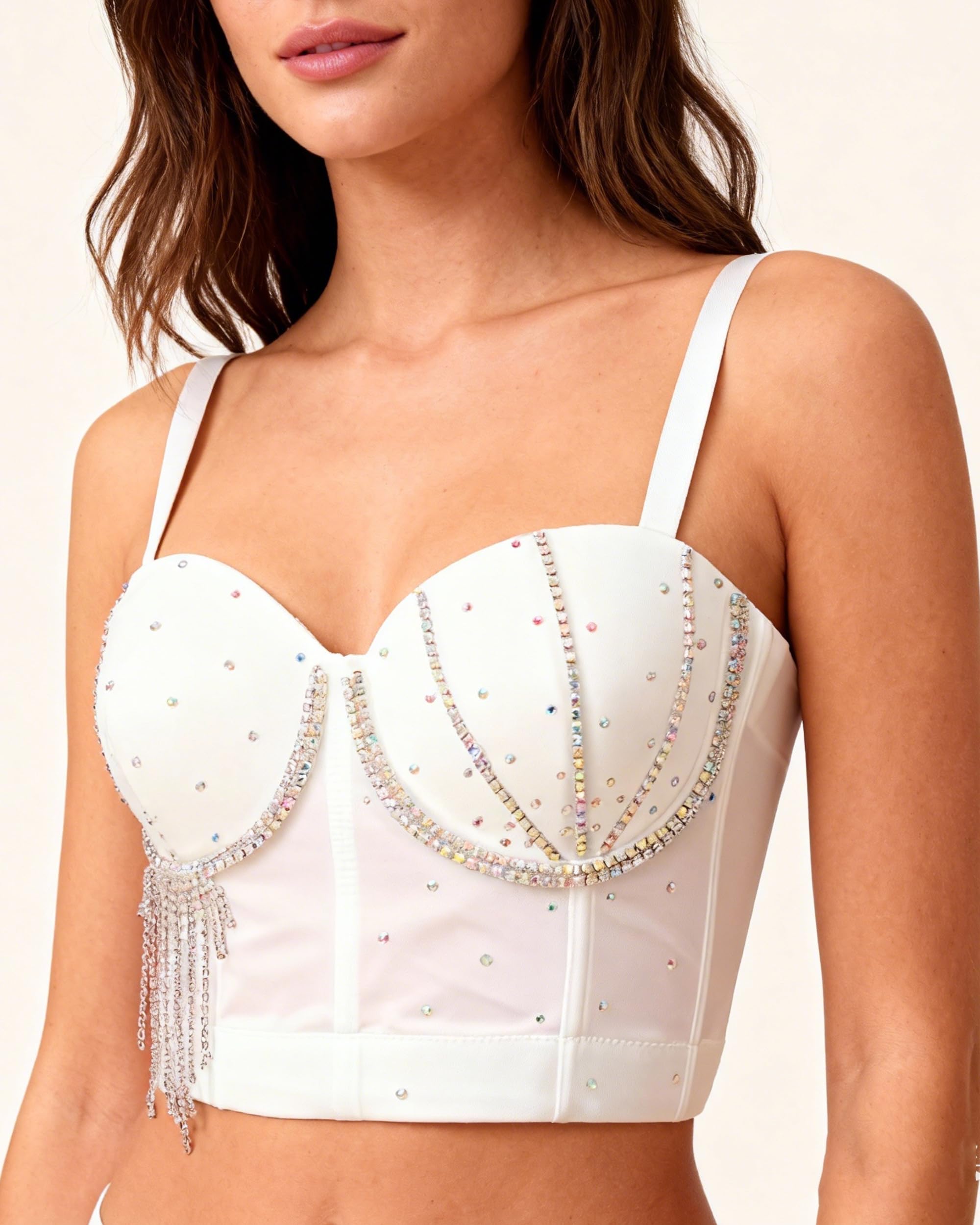 ROYAL SMEELA Corsetto Bianco con Frange e strass,Top Bustino Con Spalline Da Donna